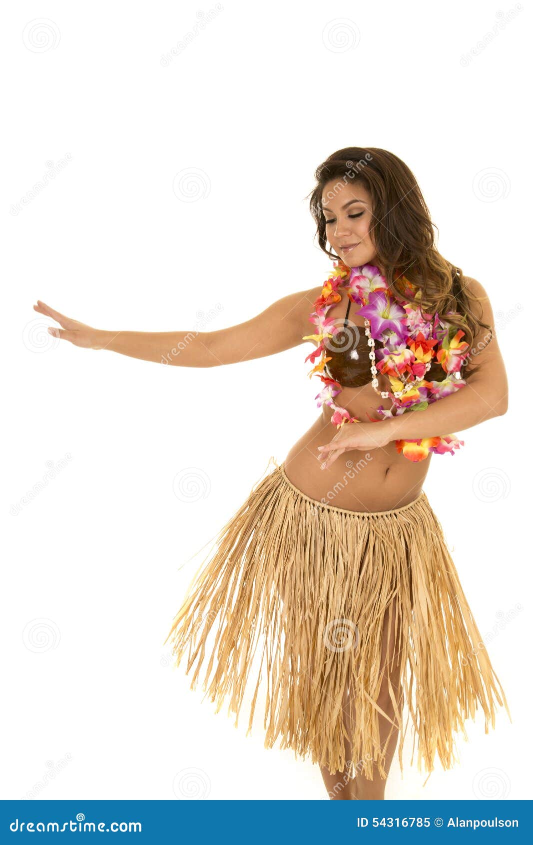 Hawaiian Woman in Grass Skirt and Coconut Bra Dancing Stock Image - Image  of culture, dancing: 54316785