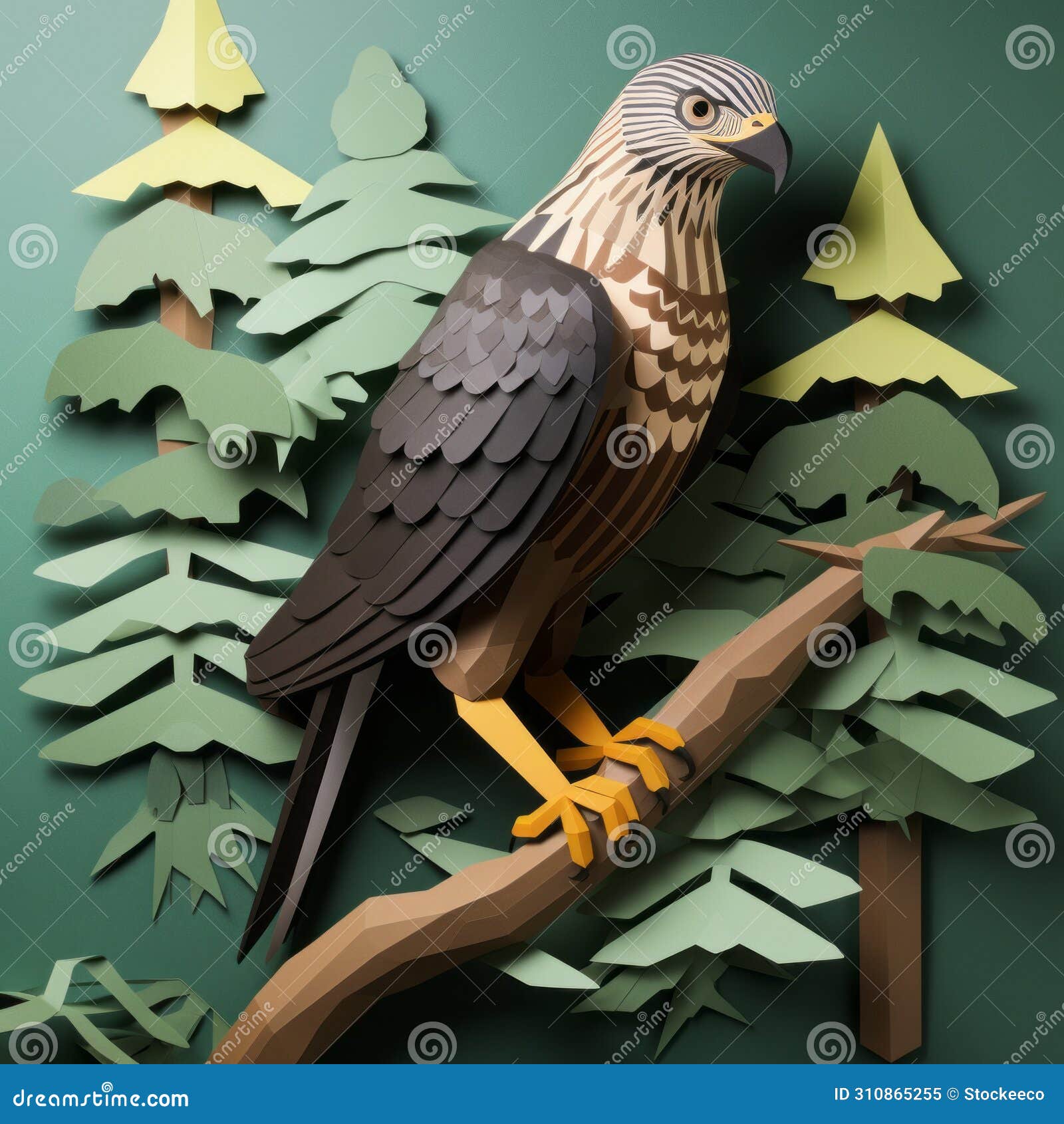 hawk paper craft: polygon  perched on tree branch wall decor