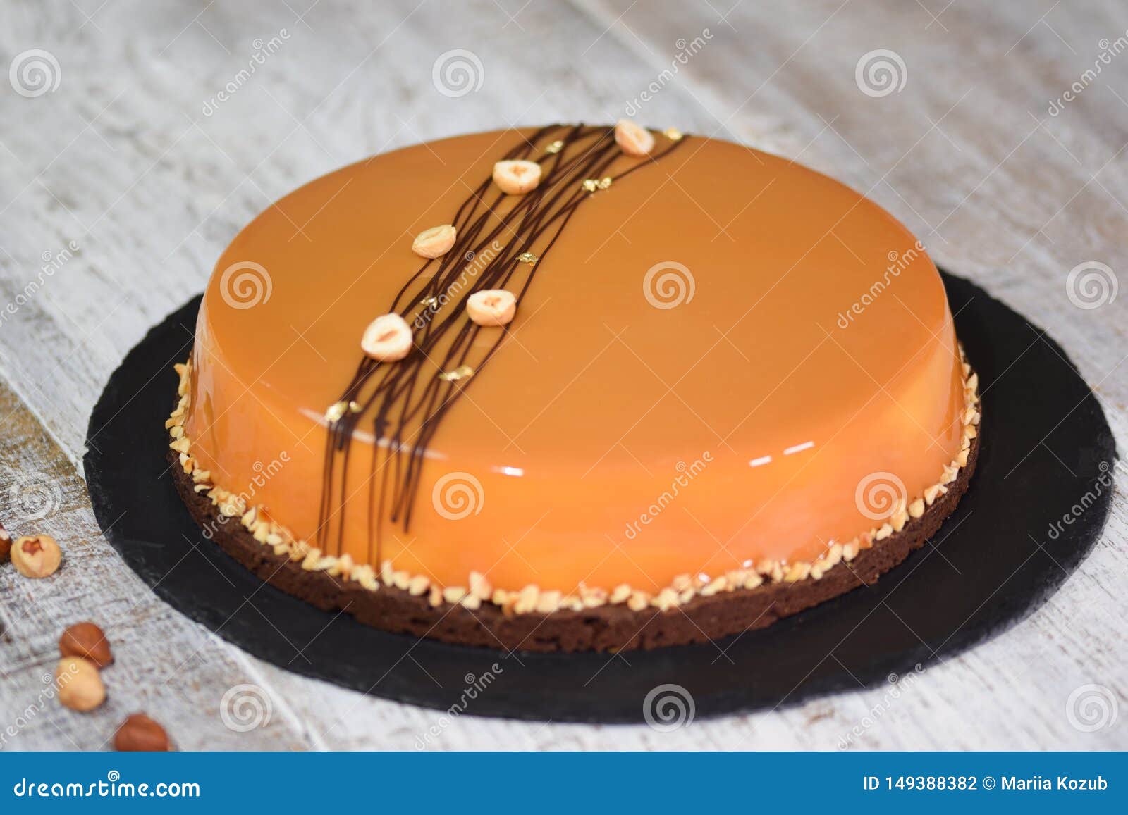 Hazelnut Caramel Mousse Cake With Mirror Glaze Stock Photo Image Of Anise Biscuit 149388382