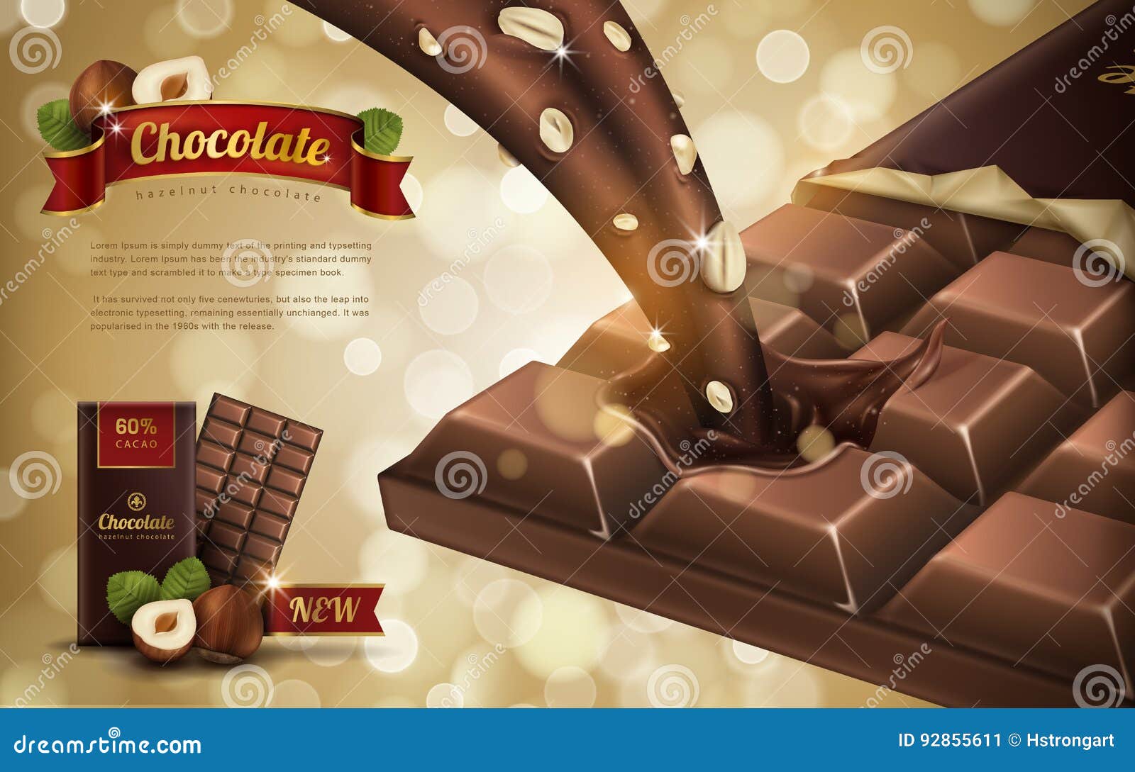 Premium Vector Hazelnut Chocolate Ad With Milk And Cocoa Flow Elements,  Brown Background, Illustration