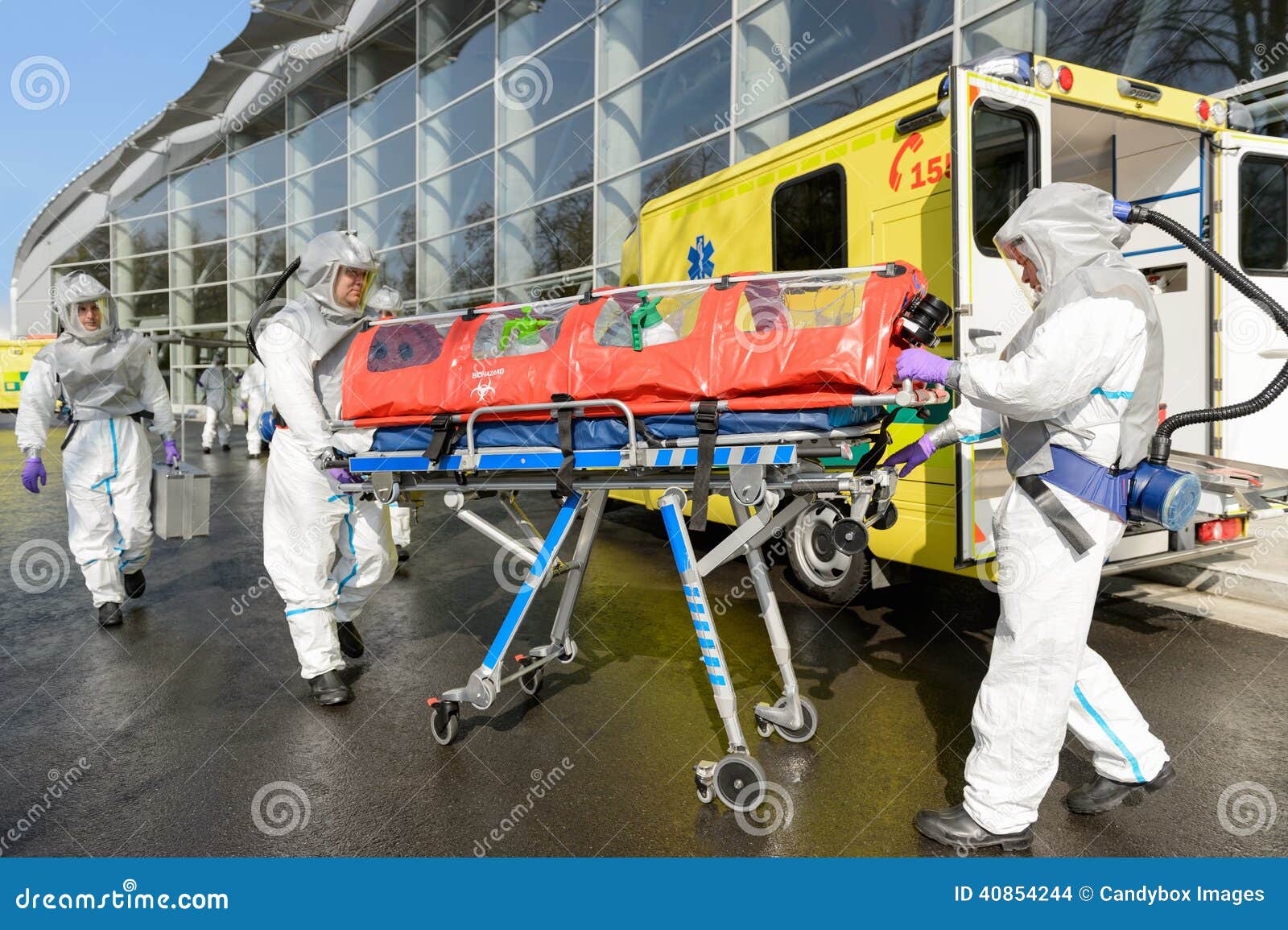 corona virus medical team pushing stretcher