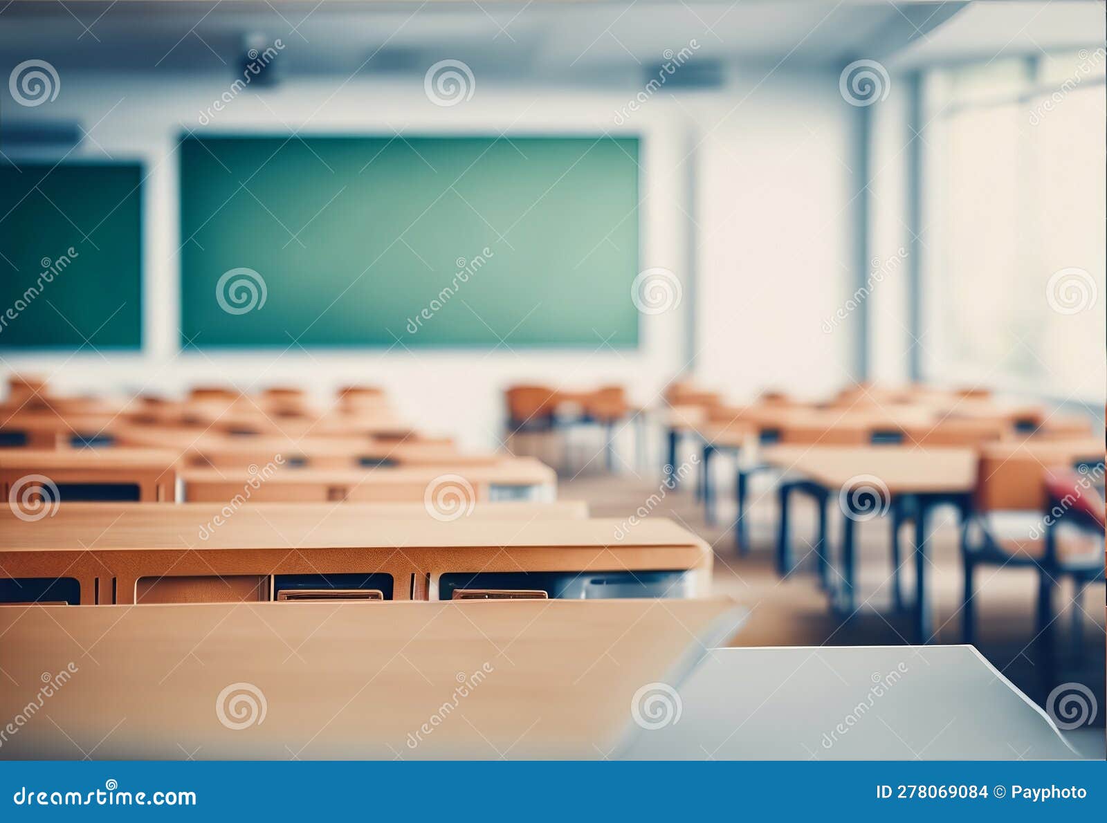 hazy schoolroom with vacant tables and chairs and no pupils.