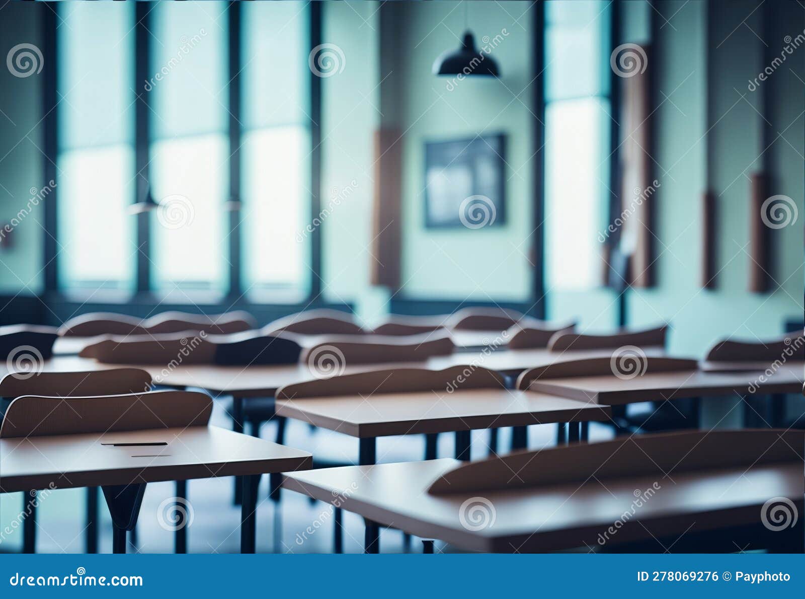 hazy schoolroom with vacant tables and chairs and no pupils.