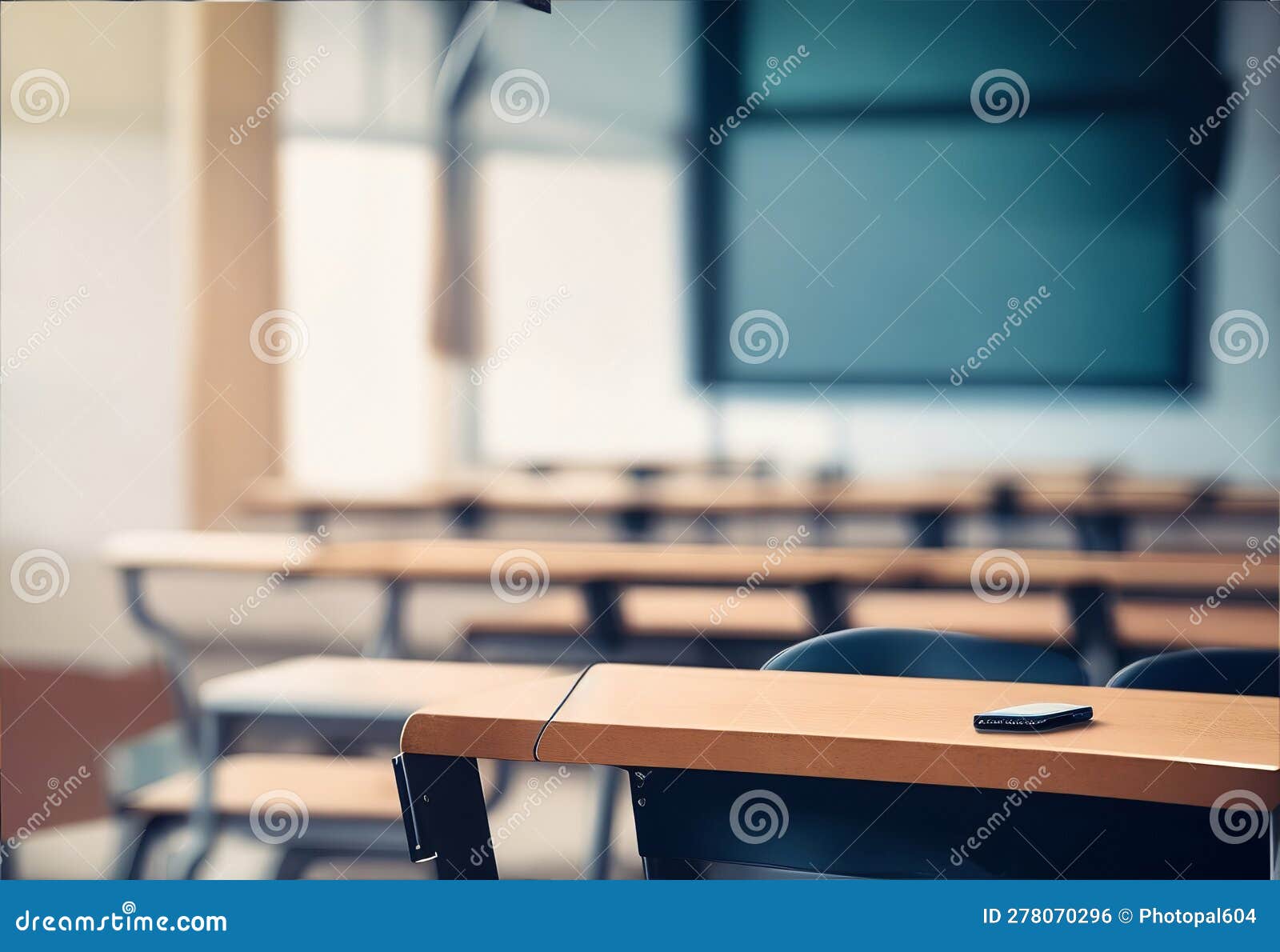 hazy schoolroom with vacant tables and chairs and no pupils.