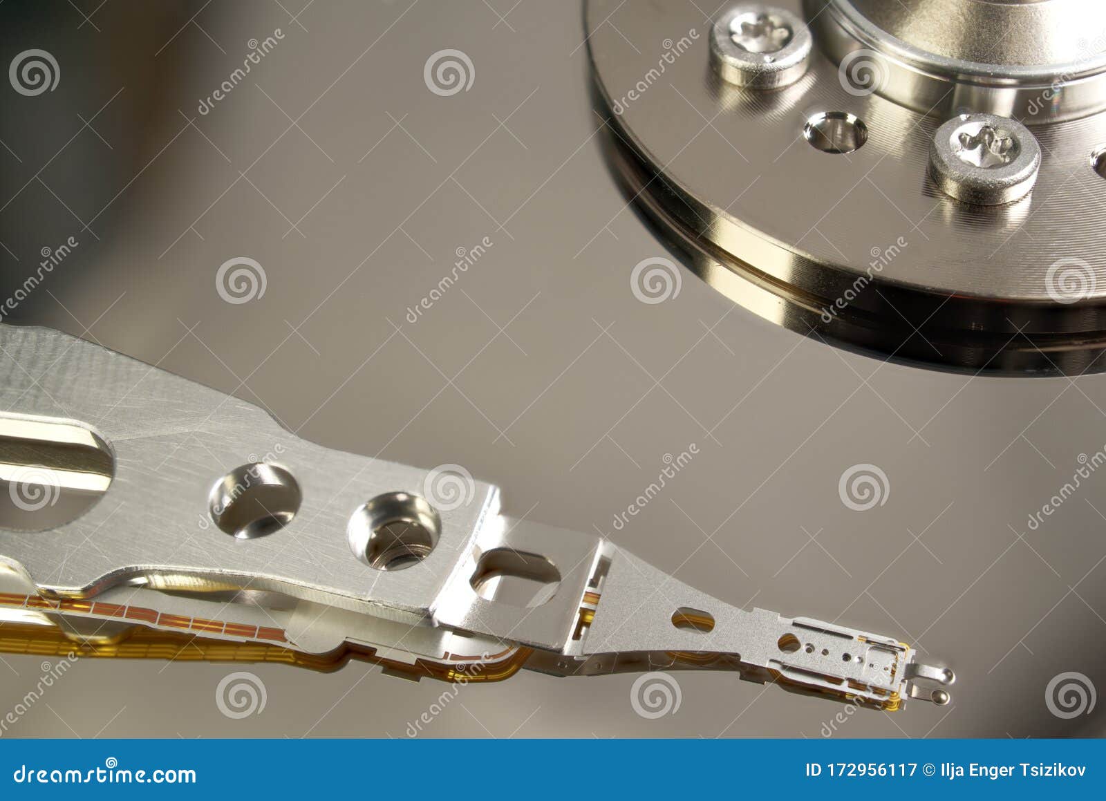HDD. Inside of Hard Disk Disk with a Reading Head Stock