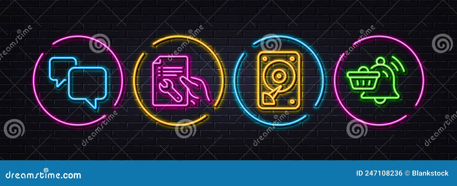 hdd, repair document and speech bubble minimal line icons. for web application, printing. neon laser 3d lights. 