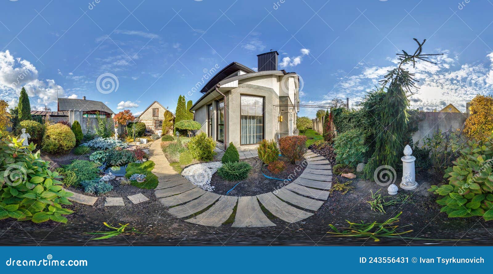360 hdr panorama on backyard of country house in equirectangular seamless spherical projection, vr content