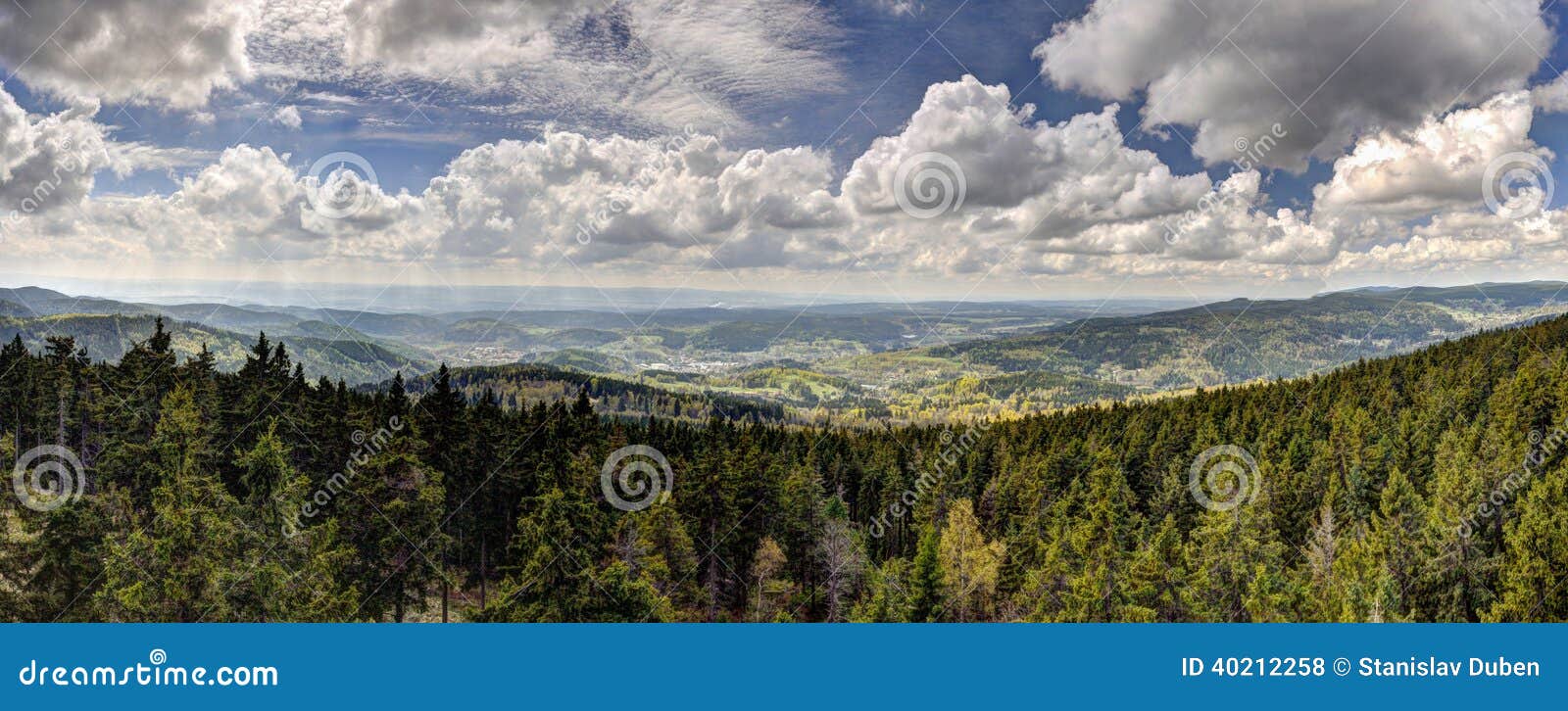 hdr panorama with forest mountains and cloudy sky