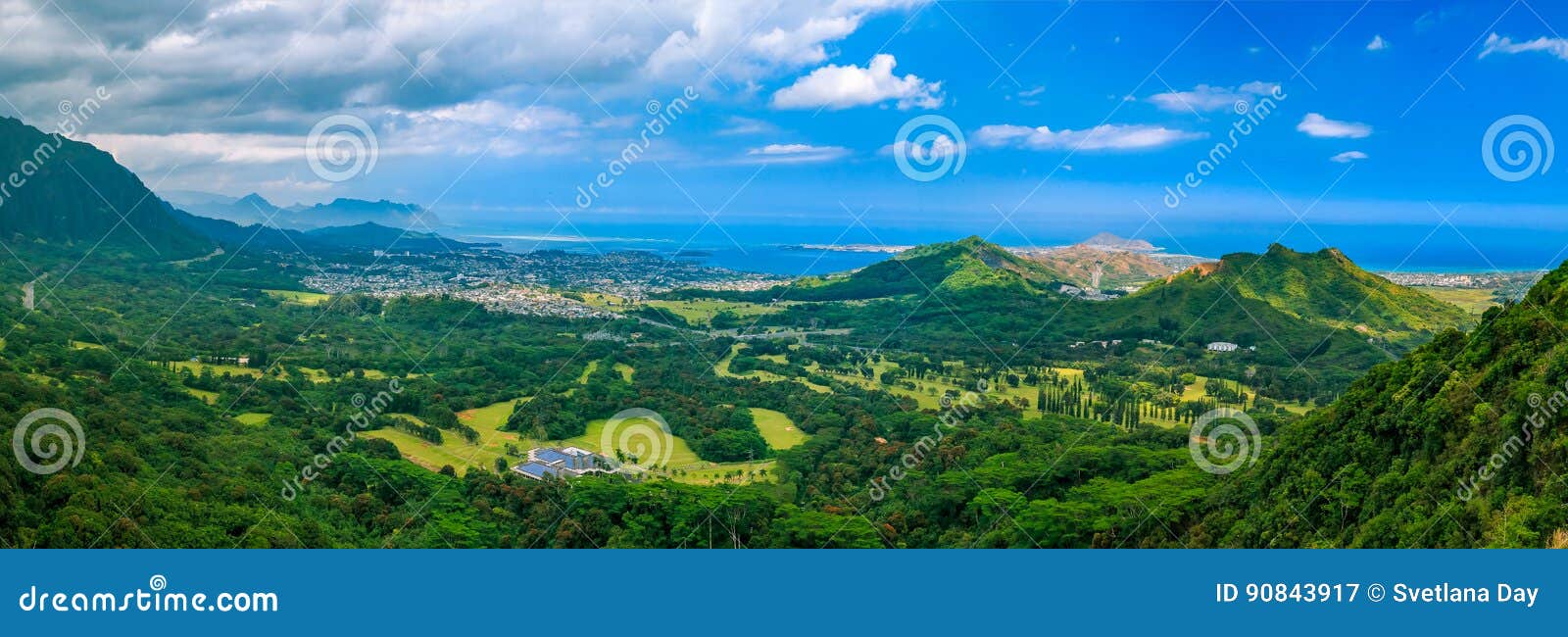 hdr panorama over green mountains of nu`uanu pali lookout in oah