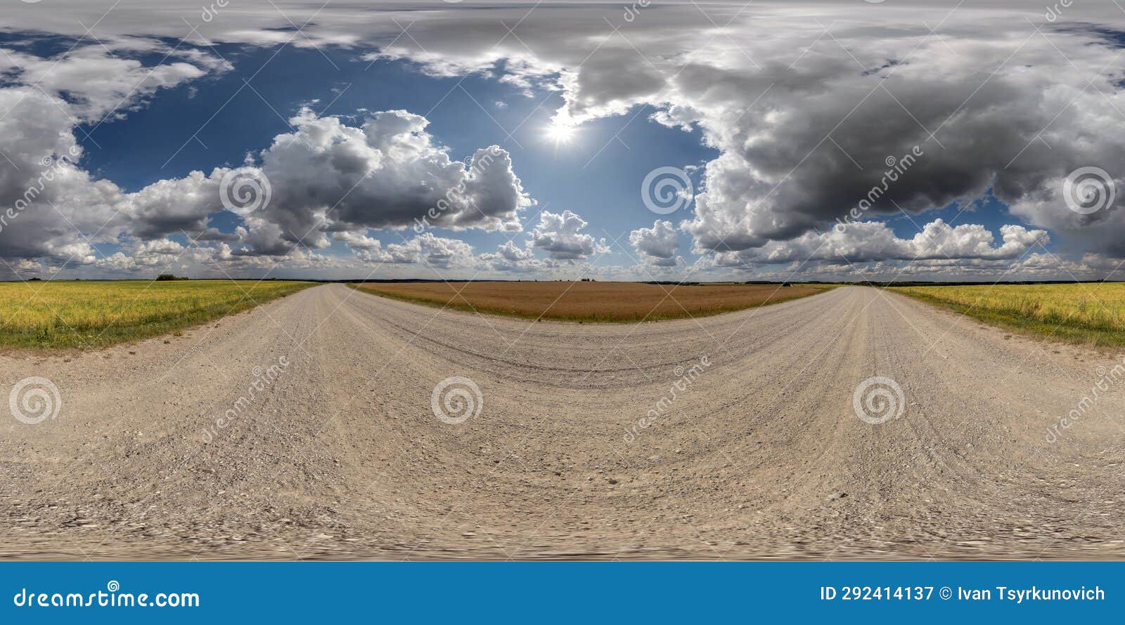 360 hdri panorama on white sand gravel road with clouds on blue sky in equirectangular spherical seamless projection, skydome
