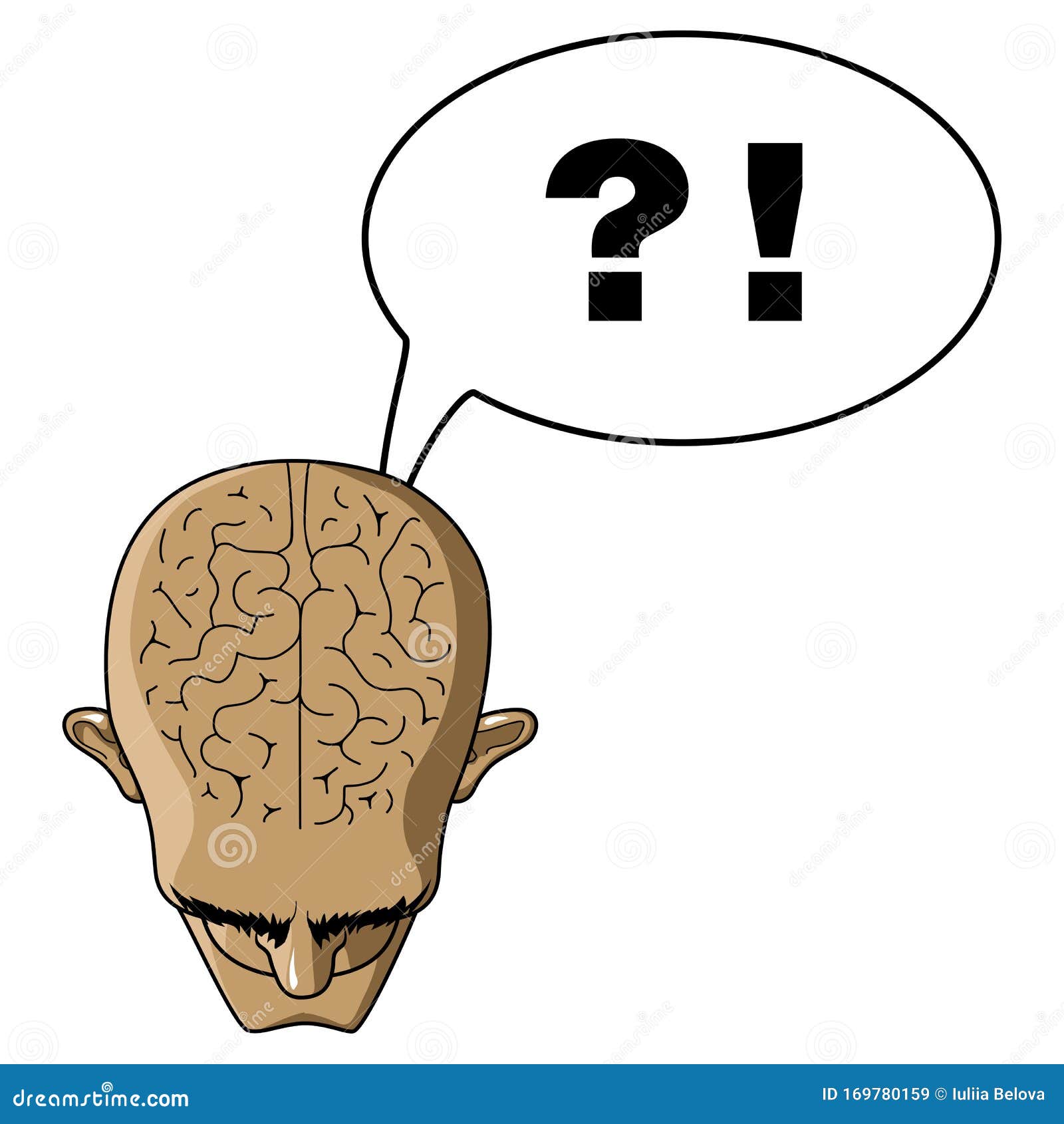 head of a bald man top view. brains from the mind. tormenting thoughts. questions and answers. bald head and baldness humorous