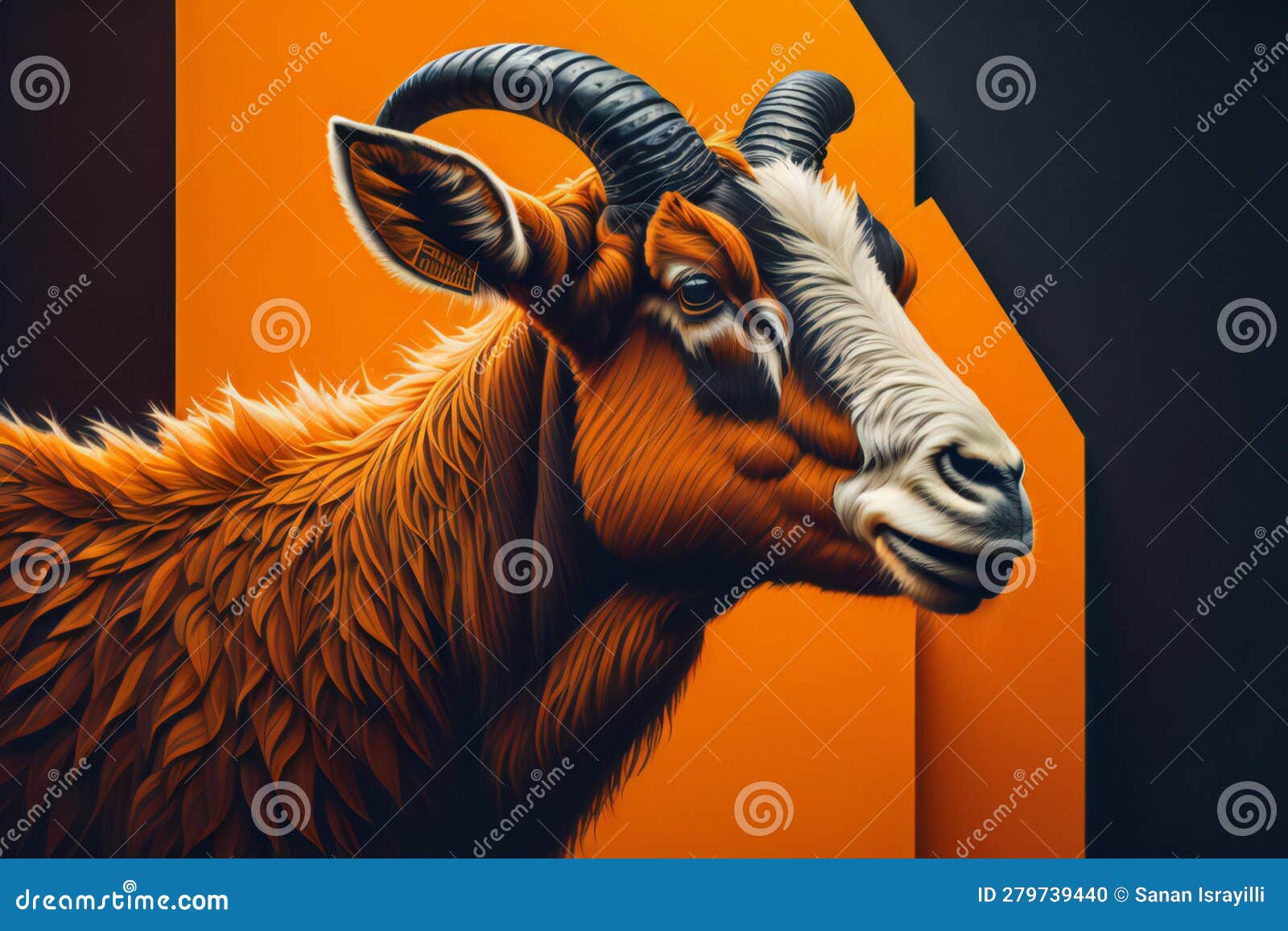 Head of a Goat with Horns on an Orange Background. Ai Generated Stock