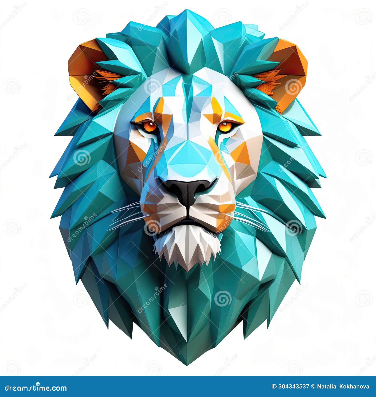 The Head of a Lion with Big Eyes and a Multicolored Mane on a White