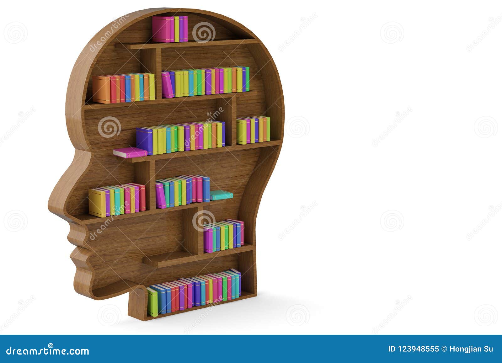 Head Side Shaped Bookshelf And Colorful Book Stacks On White