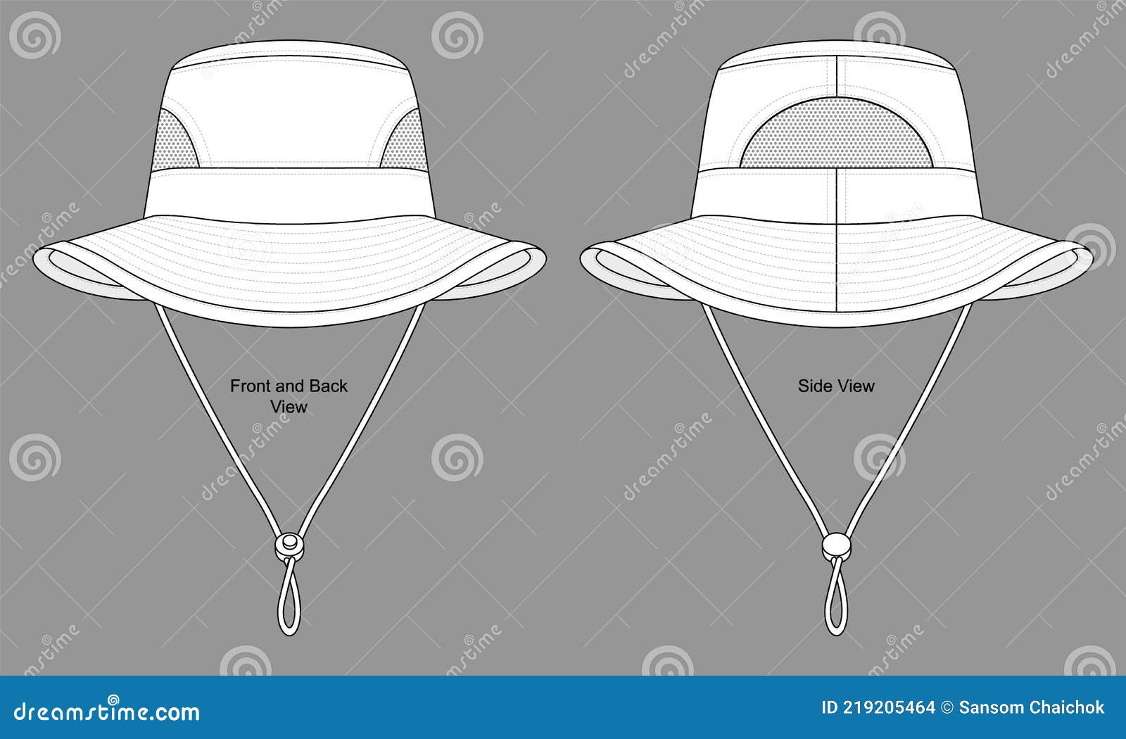 White Bucket Hat with Mesh at Side Template on Gray Background.Front