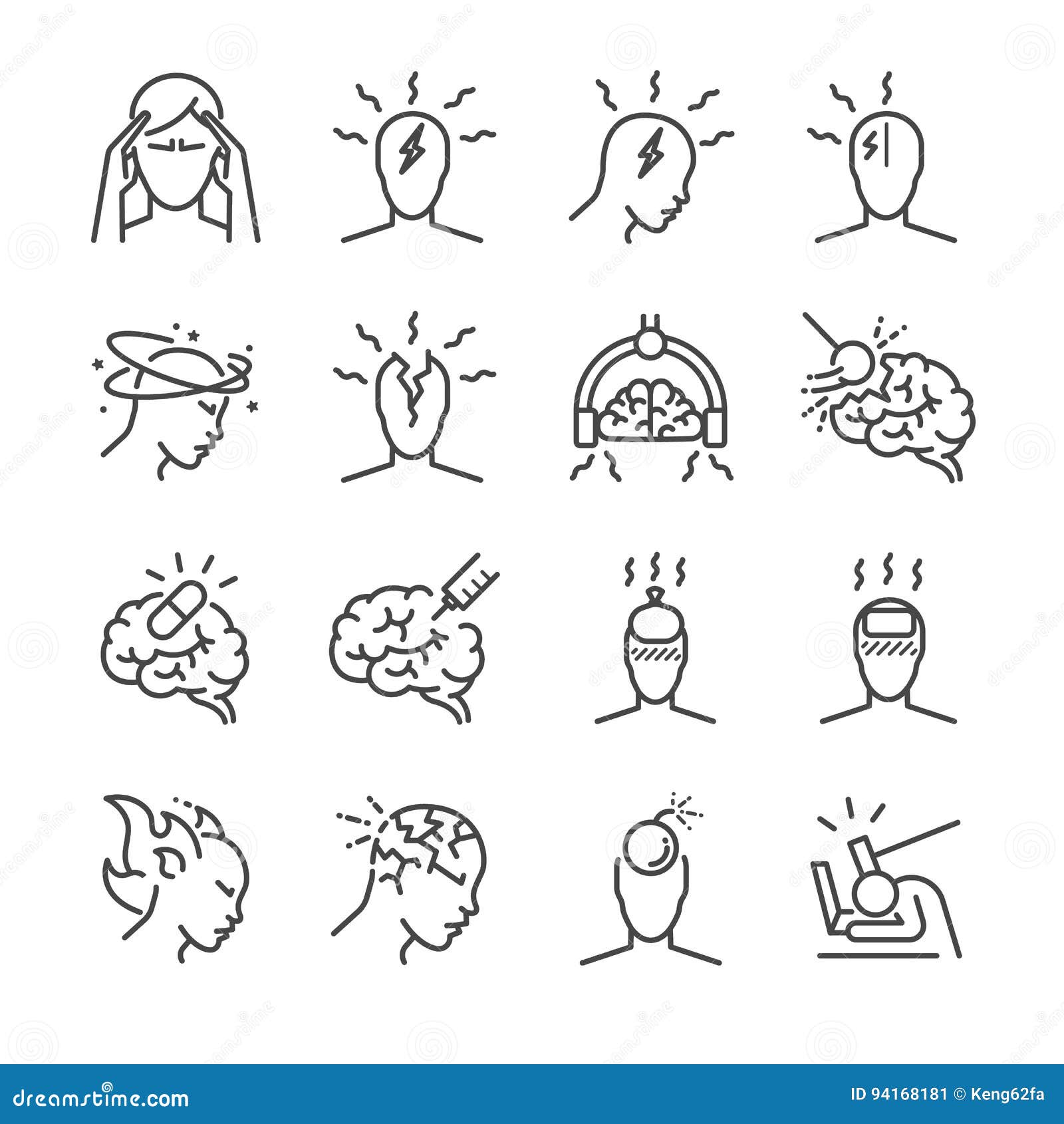 headache line icon set. included the icons as tension headaches, cluster headaches, migraine, brain symptom and more.