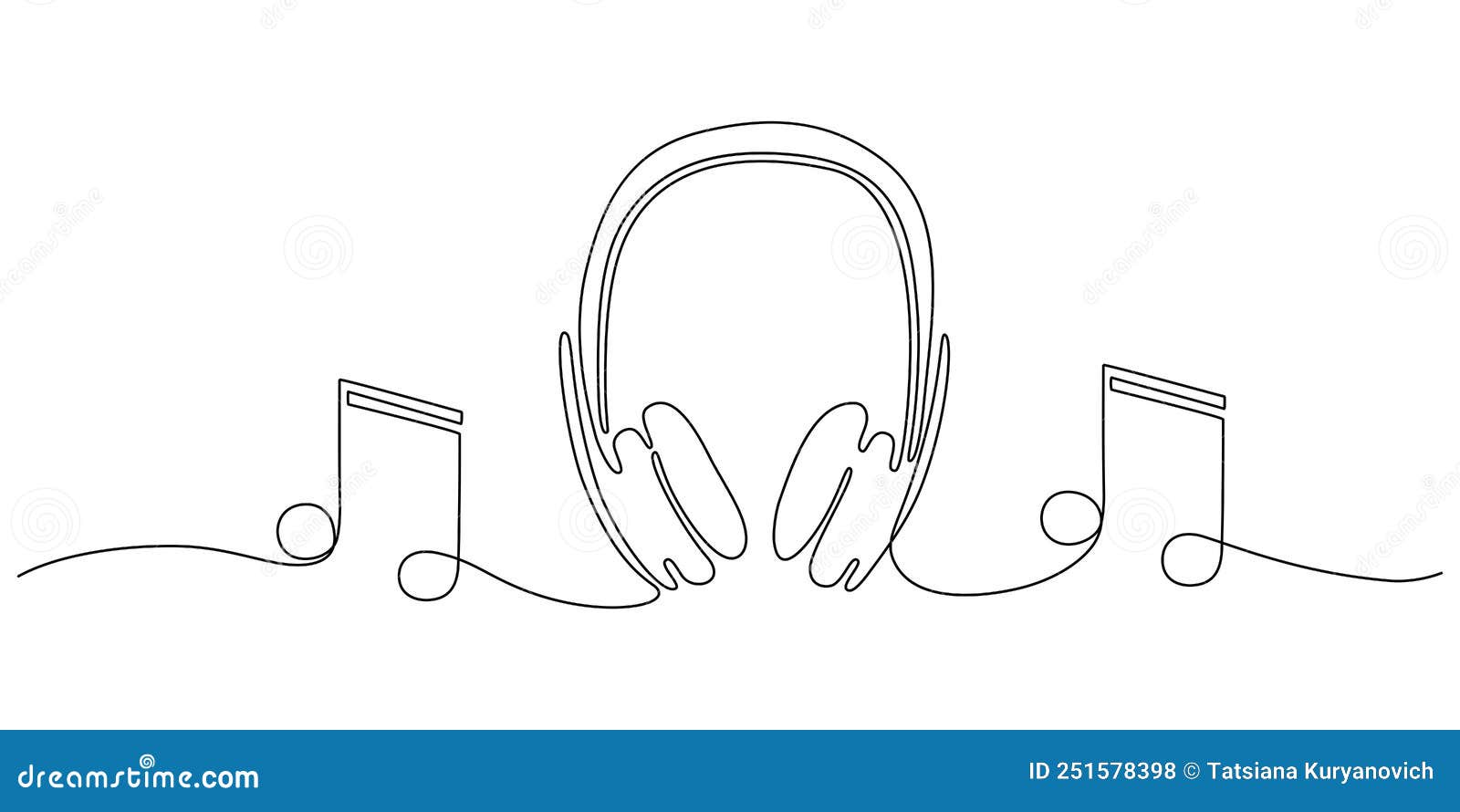 Headphone and Music Notes in One Continuous Line Drawing, Vector