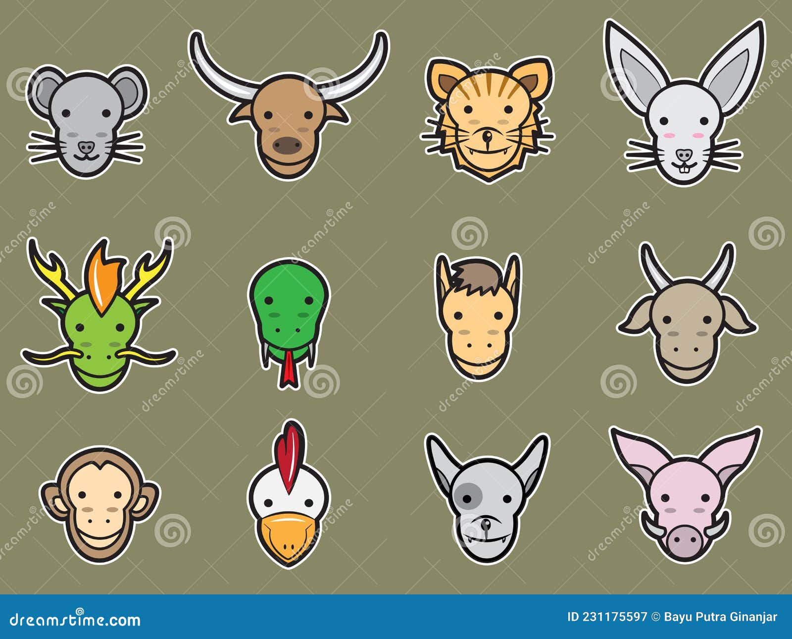 12 Heads of Chinese Zodiac Set Stock Vector Illustration of character