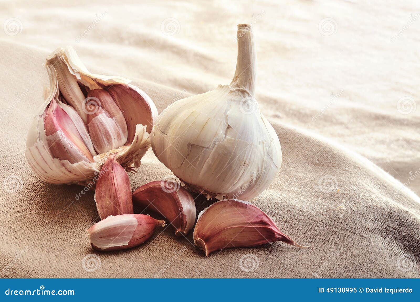 Heads of Garlic on Brown Fabric Closeup Stock Image Image of closeup