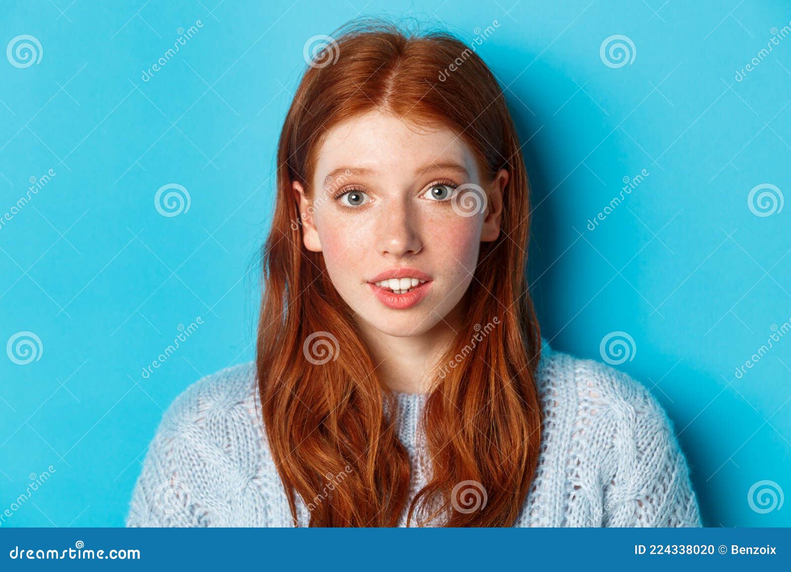 Headshot Cute Charismatic Friendly Smiling Happy Redhead Curly Freckled Girl Acne Prone Skin 