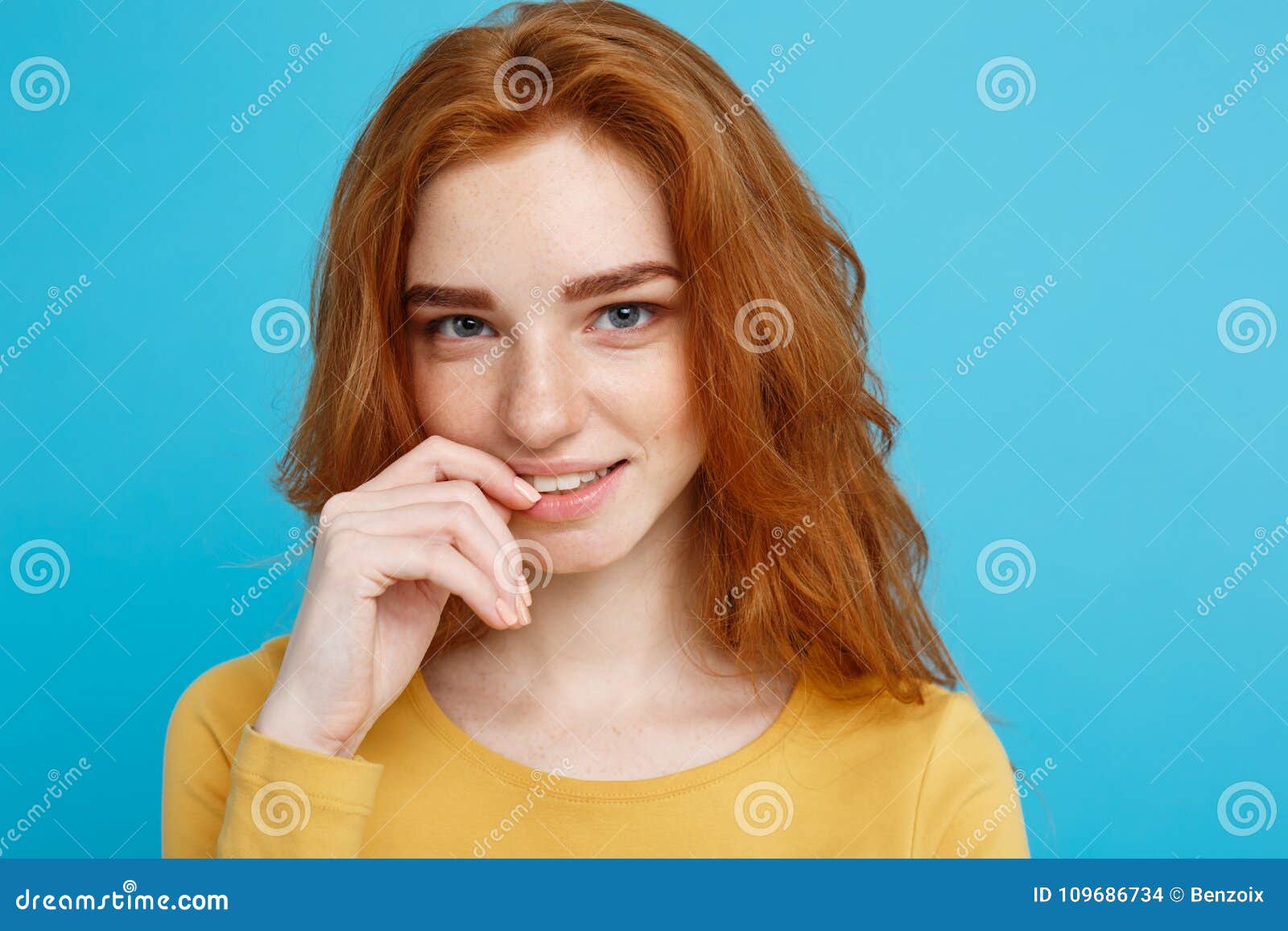 Headshot Portrait Of Happy Ginger Red Hair Girl With