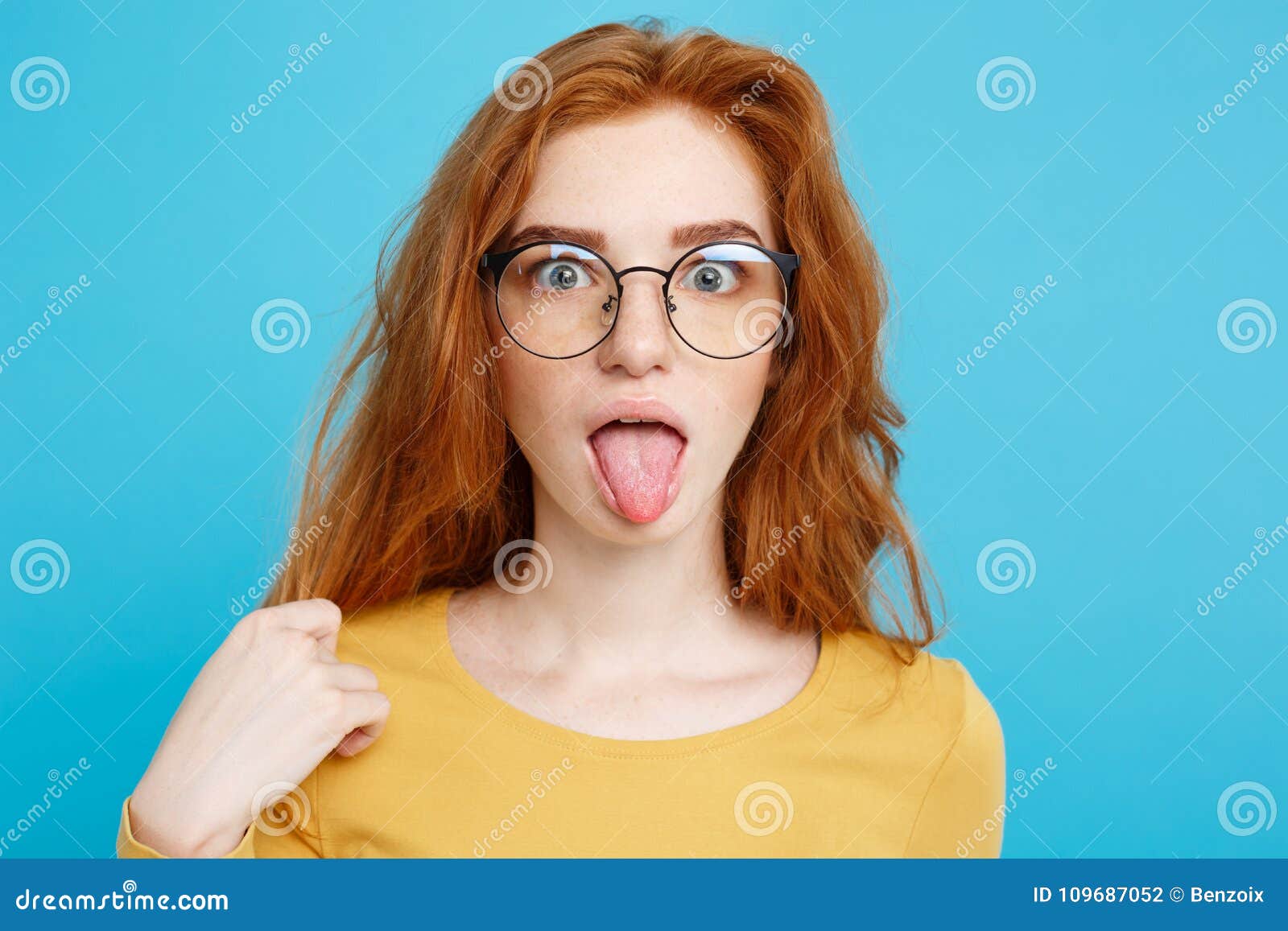 Headshot Portrait Of Happy Ginger Red Hair Girl With