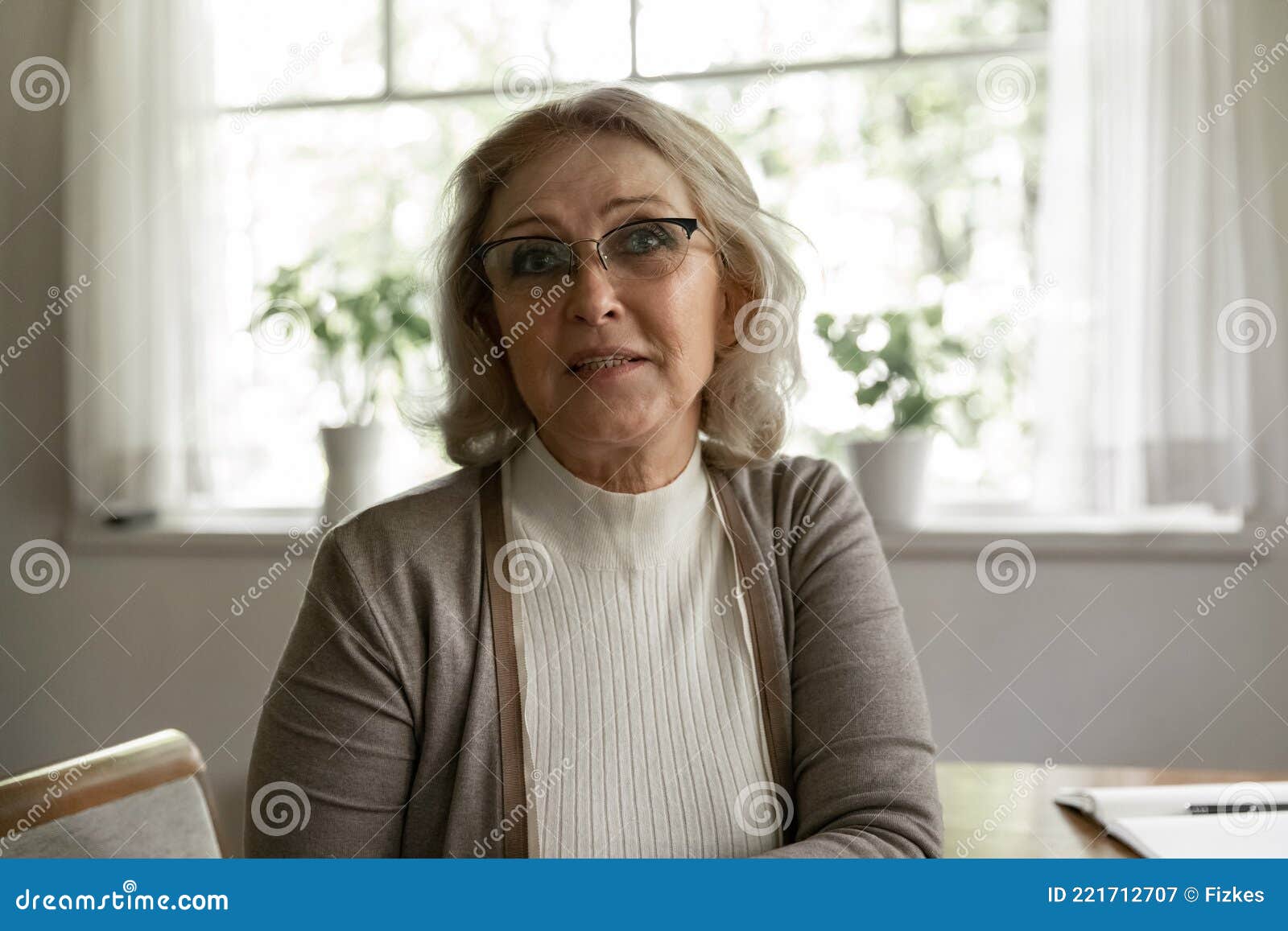 Headshot Portrait of Mature Woman Have Webcam Call Image - Image of home: