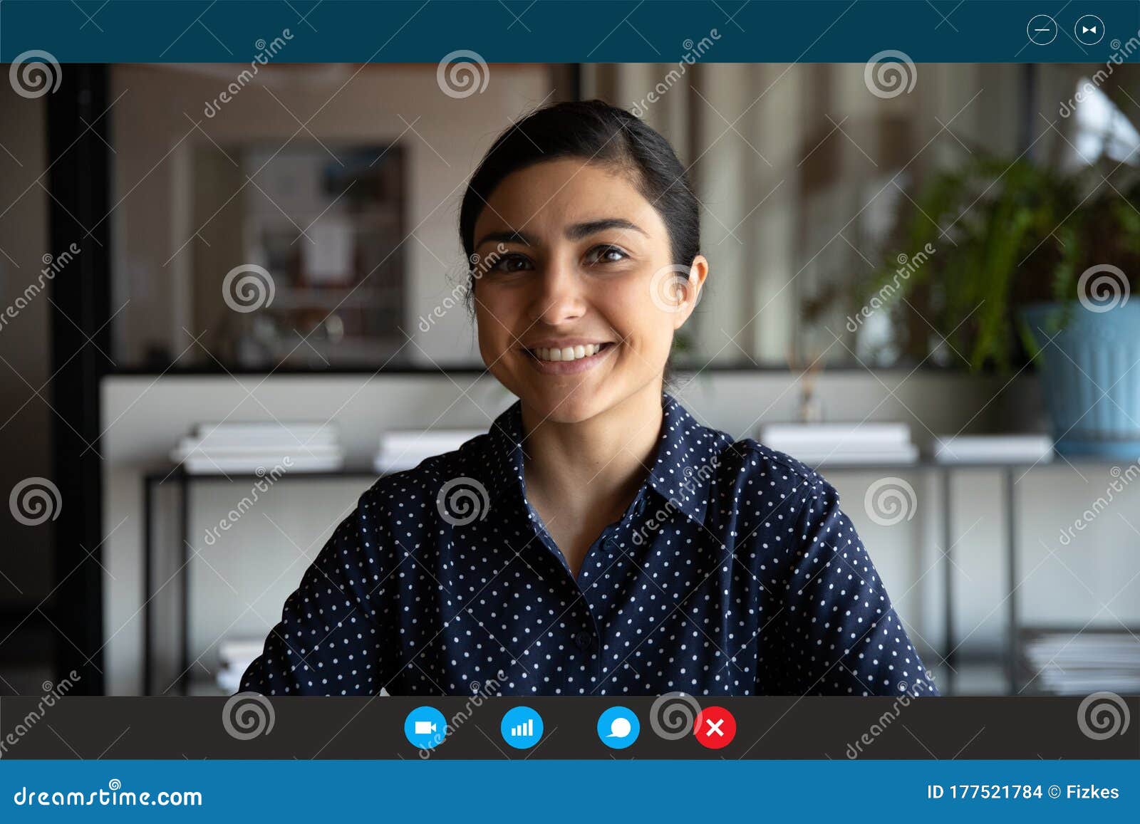 Headshot of Smiling Indian Woman Speak on Video Call Stock Photo photo