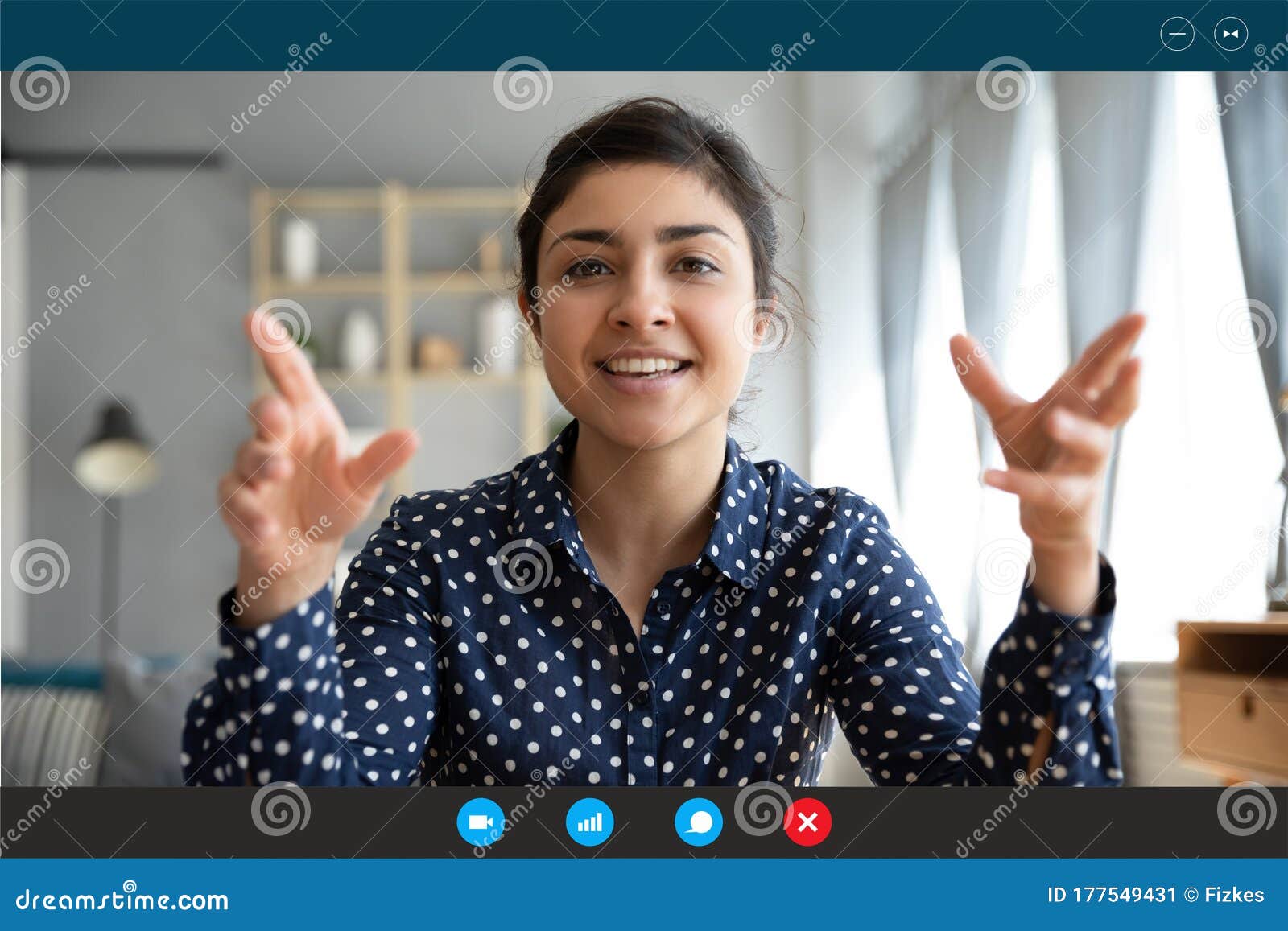 headshot portrait of smiling indian woman talk on video call