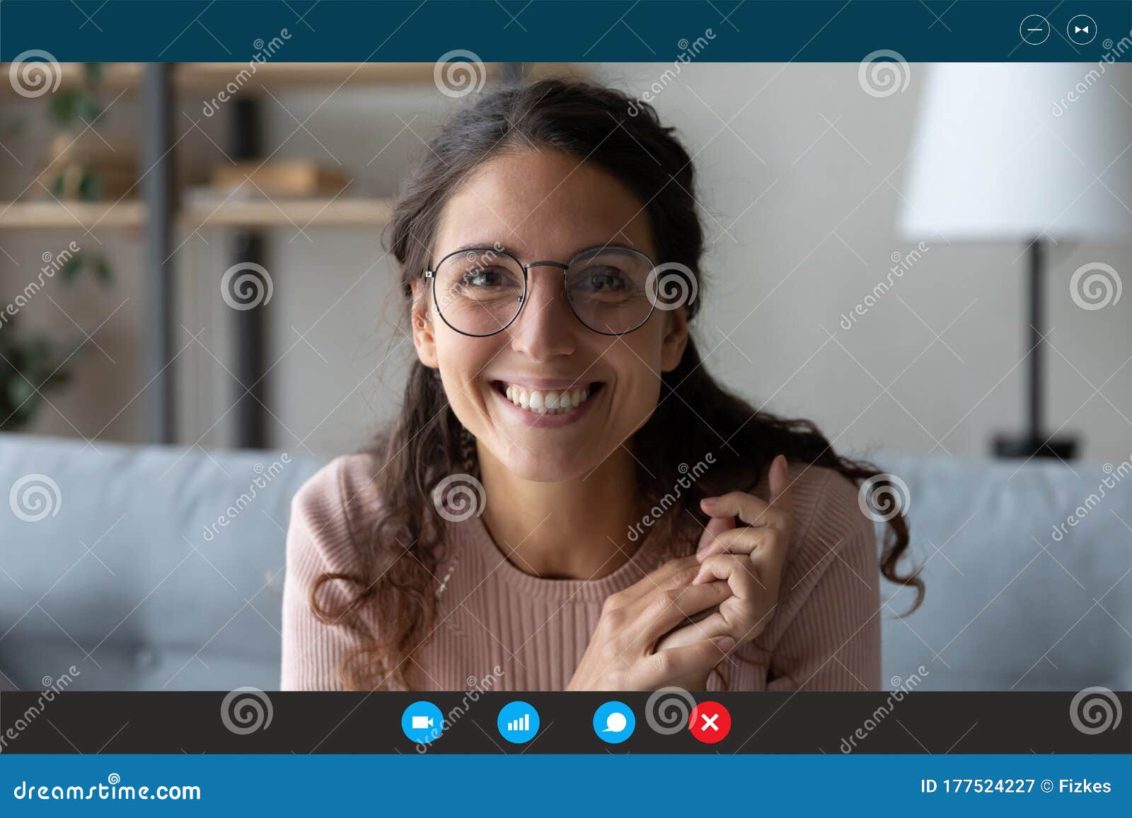 headshot of smiling female talk on video call at home