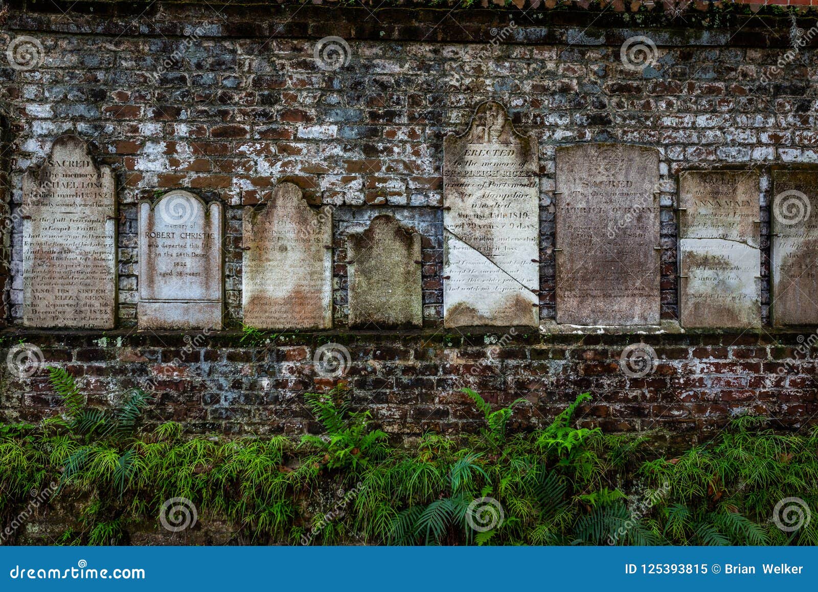 headstones on brick wall