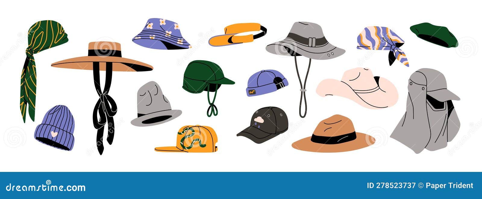 Headwear of Different Types Set. Caps, Summer Panama, Visor, Beach
