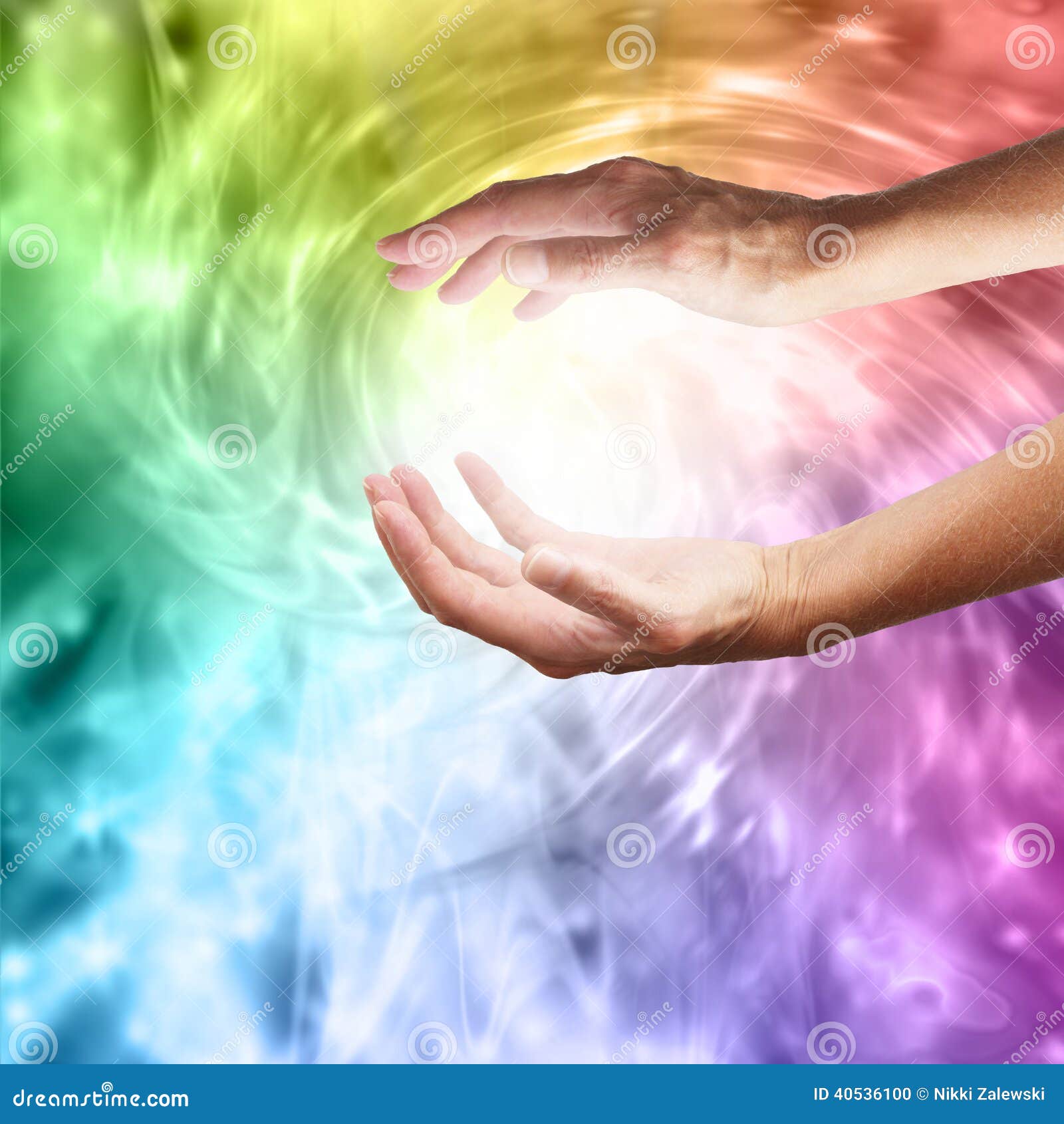 healing hands with vibrant rainbow vortex