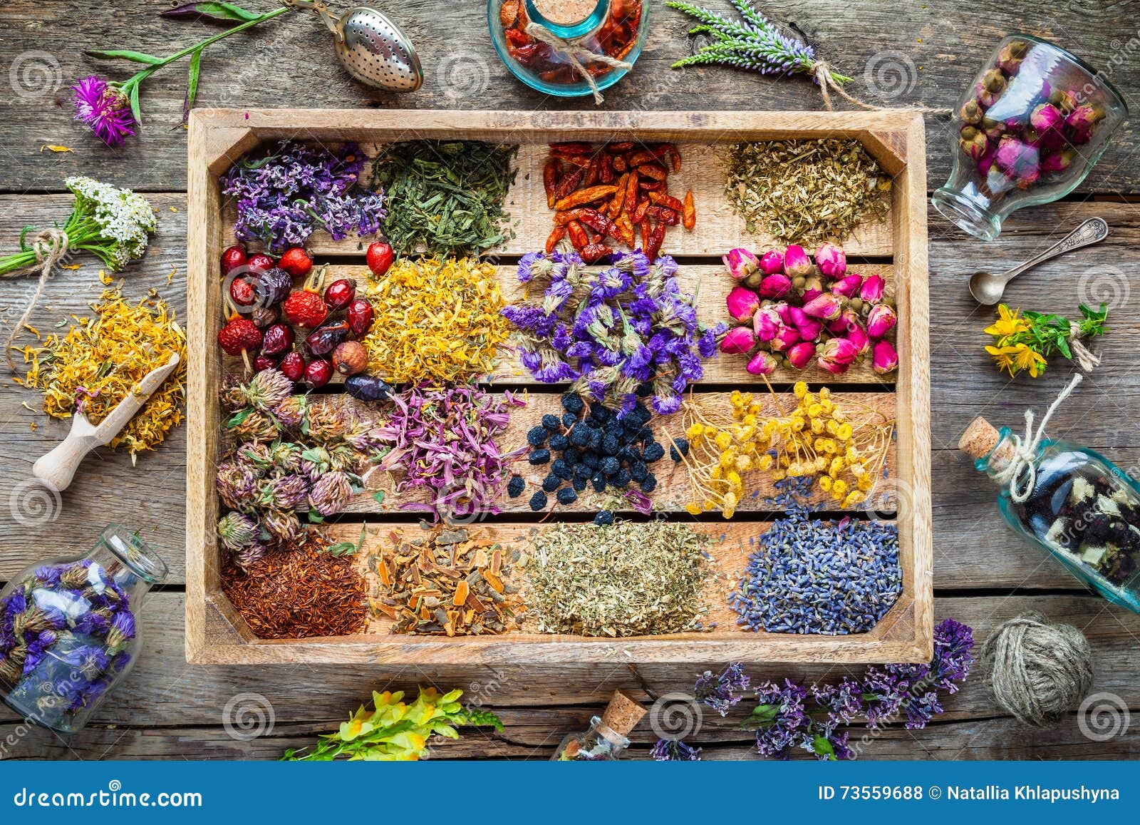healing herbs in wooden box, herbal medicine