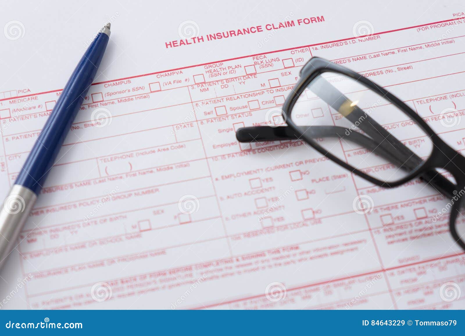 Health Insurance Claim Form with Pen and Glasses Stock Image Image of