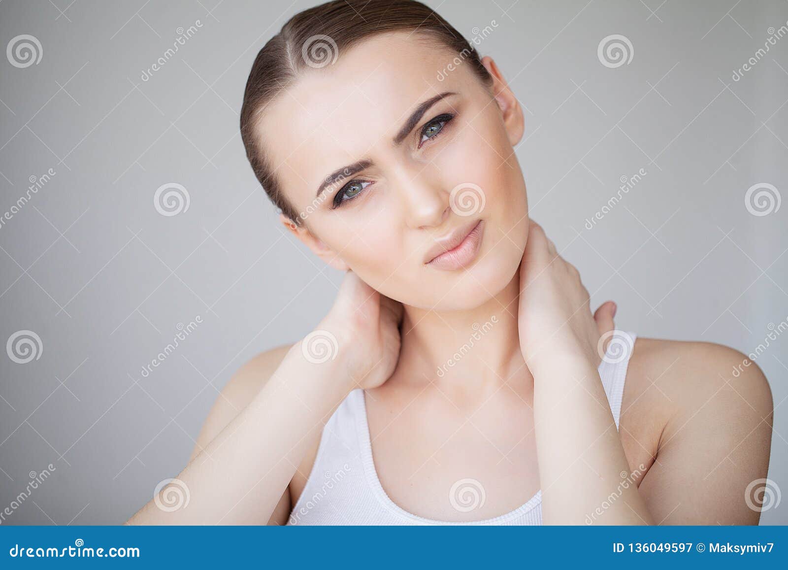 Health and Neck Pain. Beautiful Woman Feeling Sick, Having Headache