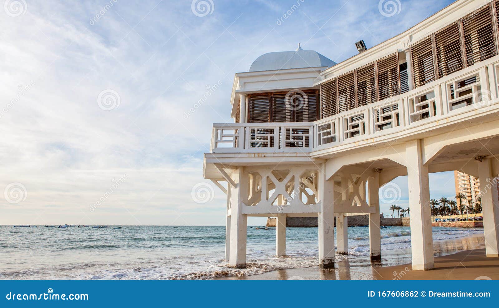 health resort `balneario` de la playa de la caleta beach in cadiz, andalusia, spain