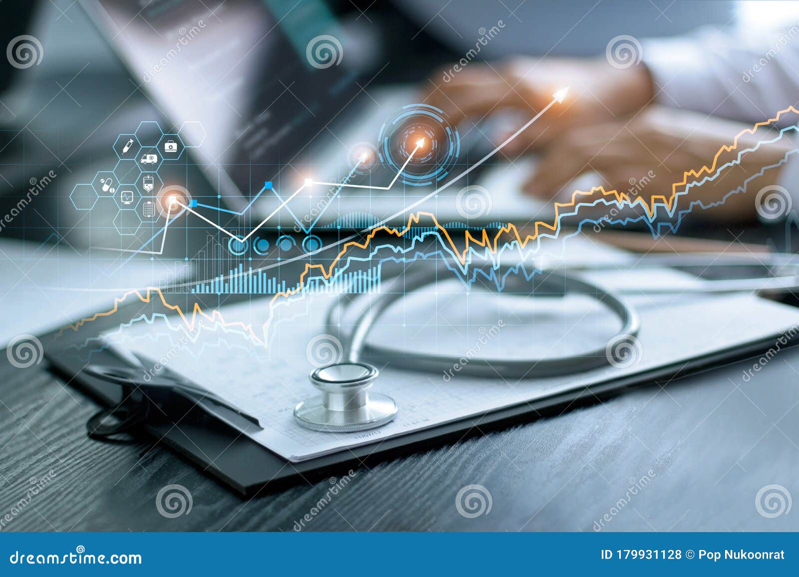 healthcare business graph data and growth, stethoscope with doctor`s health report clipboard on table, medical examination