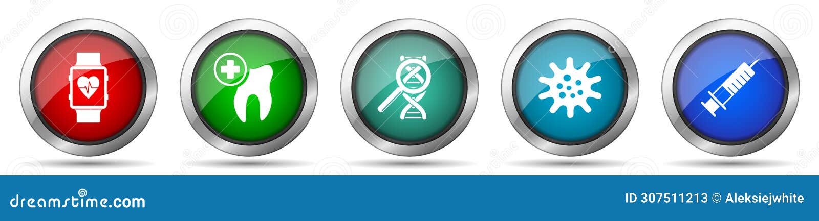 healthcare icon set, miscellaneous icons such as smartwatch, dentist, dna, virus and syringe, silver metallic, colorful glossy web