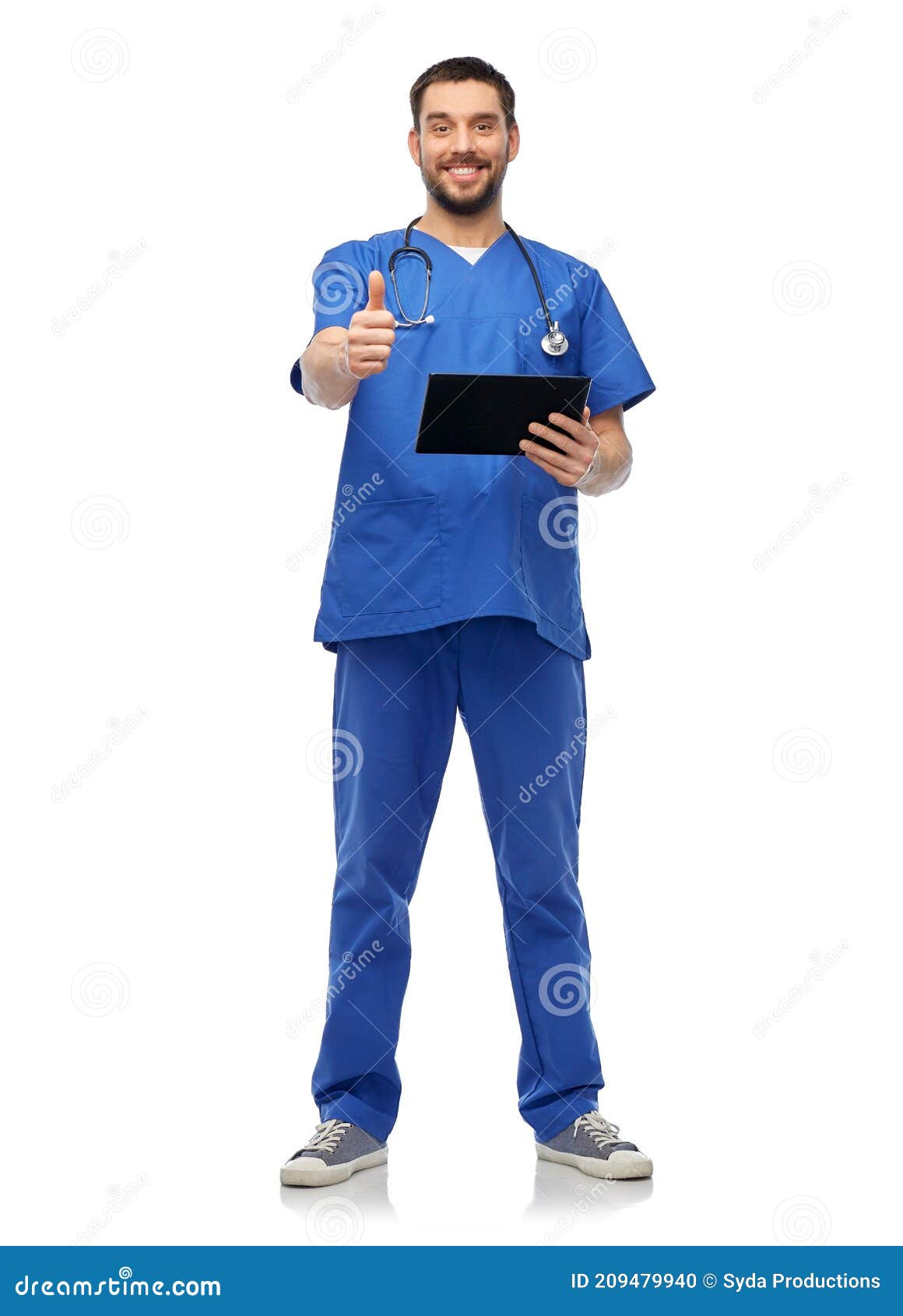 Happy Male Doctor With Tablet Pc Showing Thumbs Up Stock Photo Image