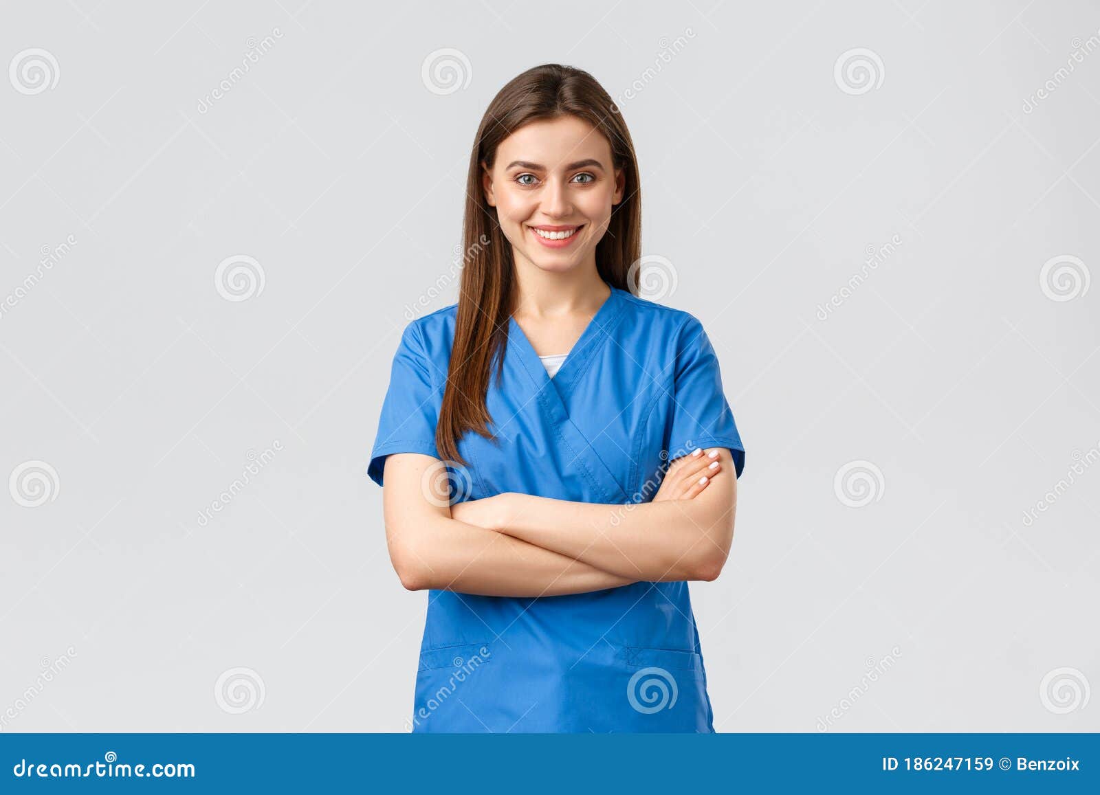 healthcare workers, prevent virus, insurance and medicine concept. confident female doctor, nurse in blue scrubs