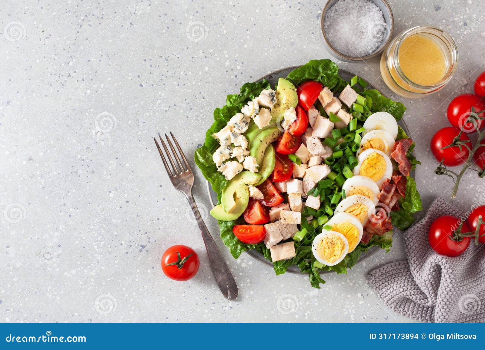 healthy american cobb salad with egg bacon avocado chicken tomato. hearty keto low carb diet