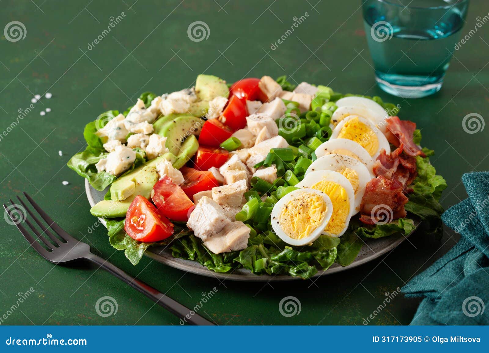 healthy american cobb salad with egg bacon avocado chicken tomato. hearty keto low carb diet