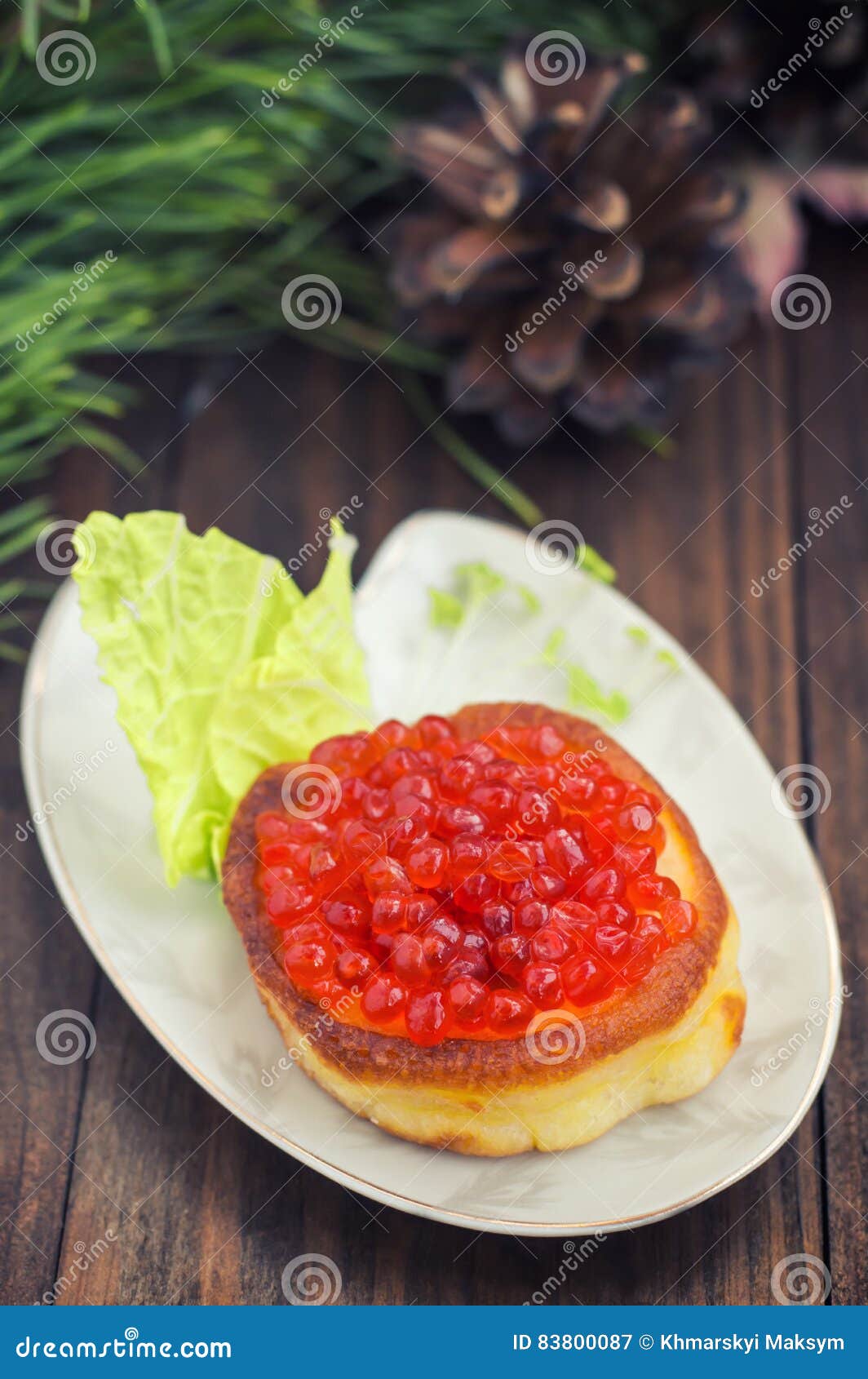 Healthy Appetizer : Sandwich with Red Caviar on White China Plate ...