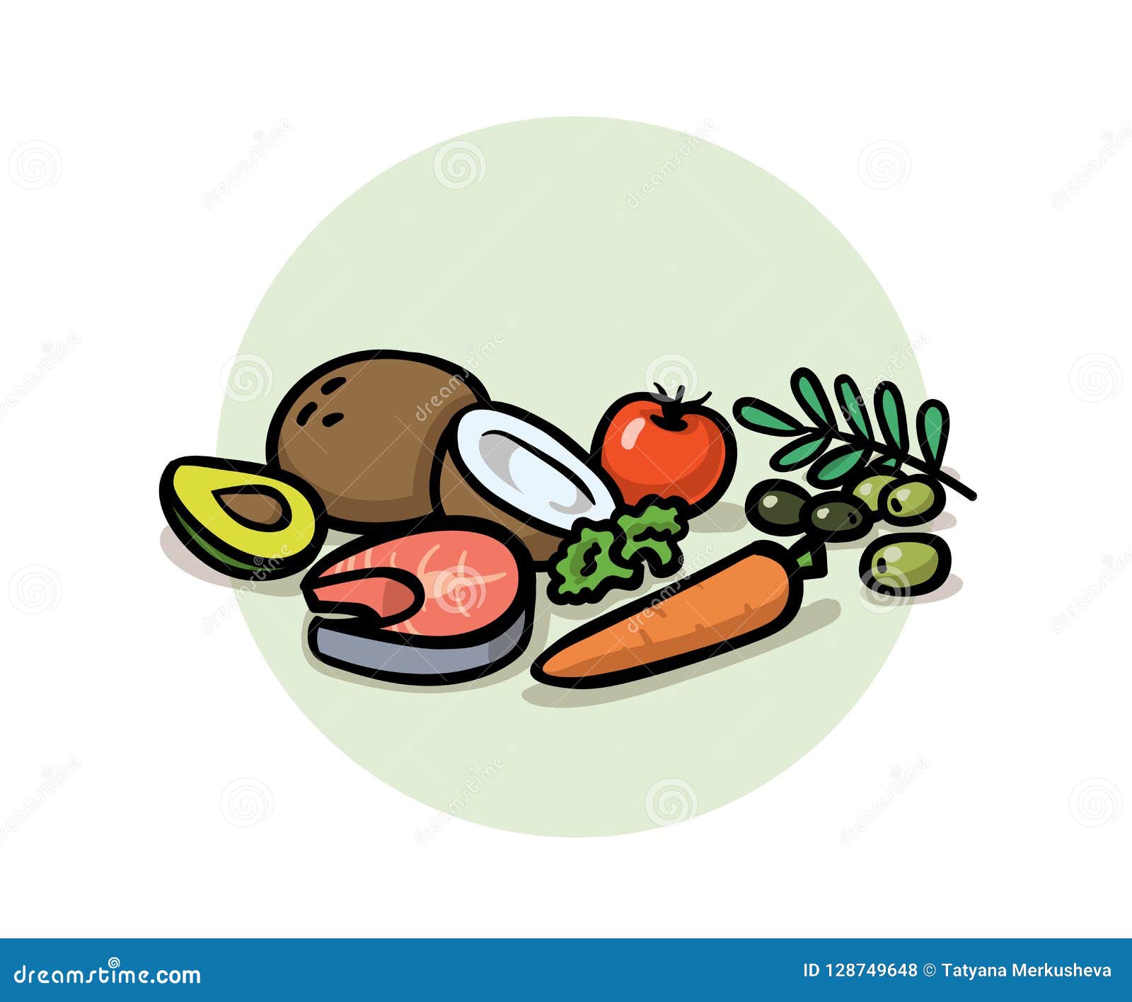 Healthy Balanced Food. Superfoods, Detox, Diet, Healthy Food. Coconut,  Carrot, Olives, Avocado and Fish Stock Vector - Illustration of carrot,  collection: 128749648