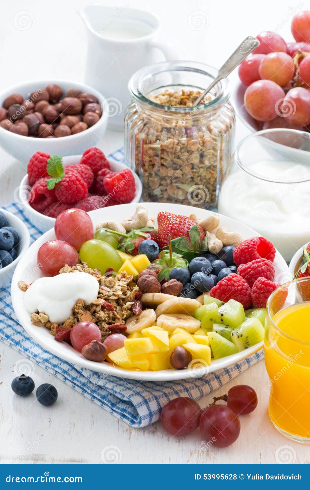 Healthy Breakfast Berries, Fresh Fruit and Cereal on the Plate Stock