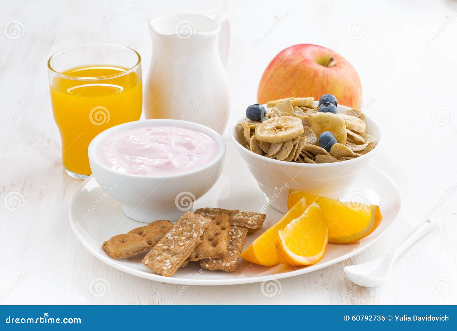 Healthy Breakfast Cereal, Fruit, Yogurt and Juice, Closeup Stock