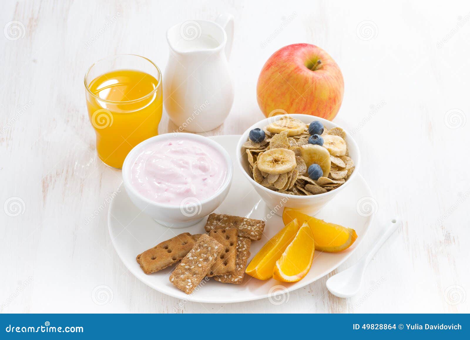Healthy Breakfast Cereal, Fruit, Yogurt and Juice Stock Photo Image