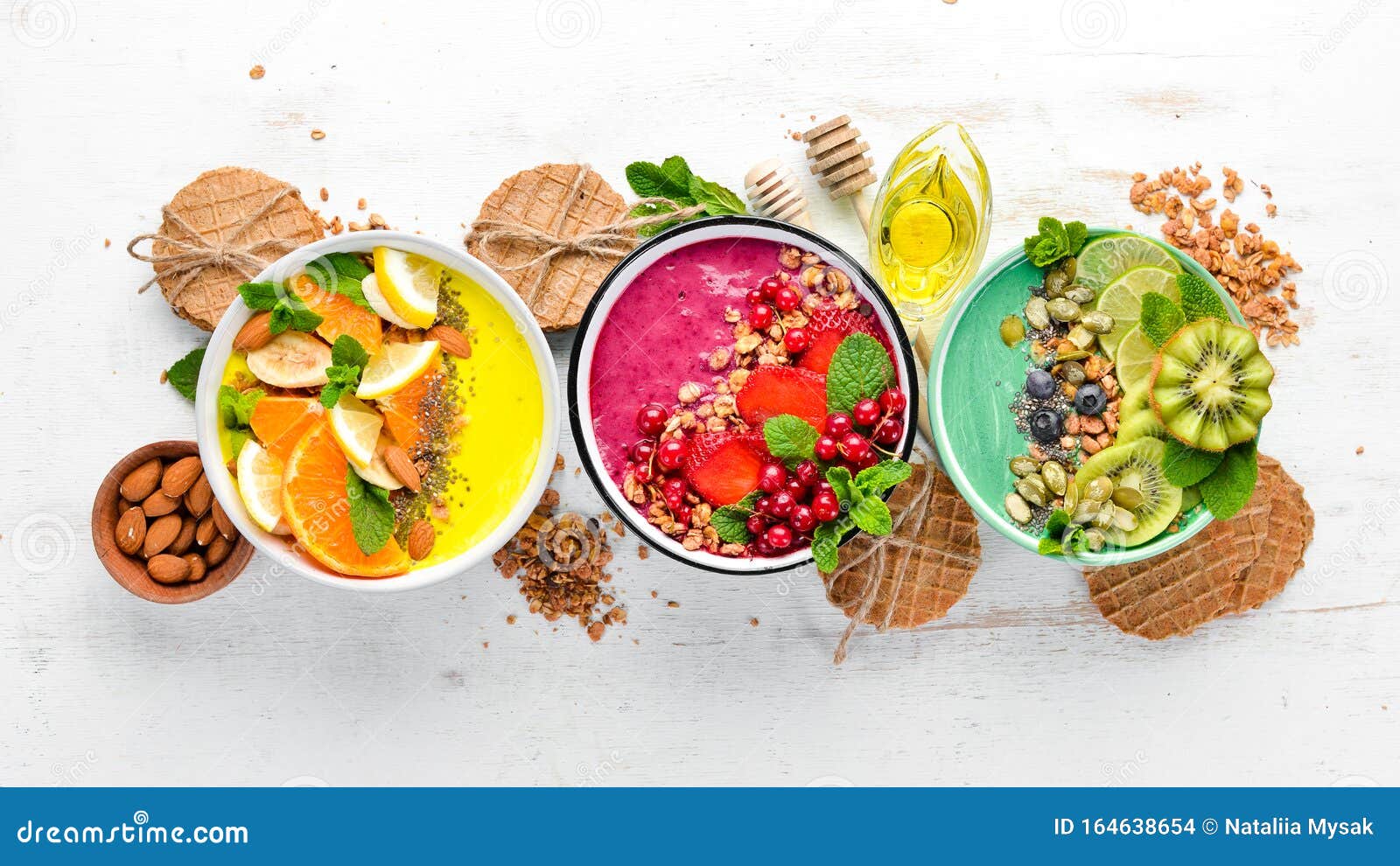 A Healthy Breakfast. Colorful Fruit Smoothies with Yogurt, Fresh Fruit