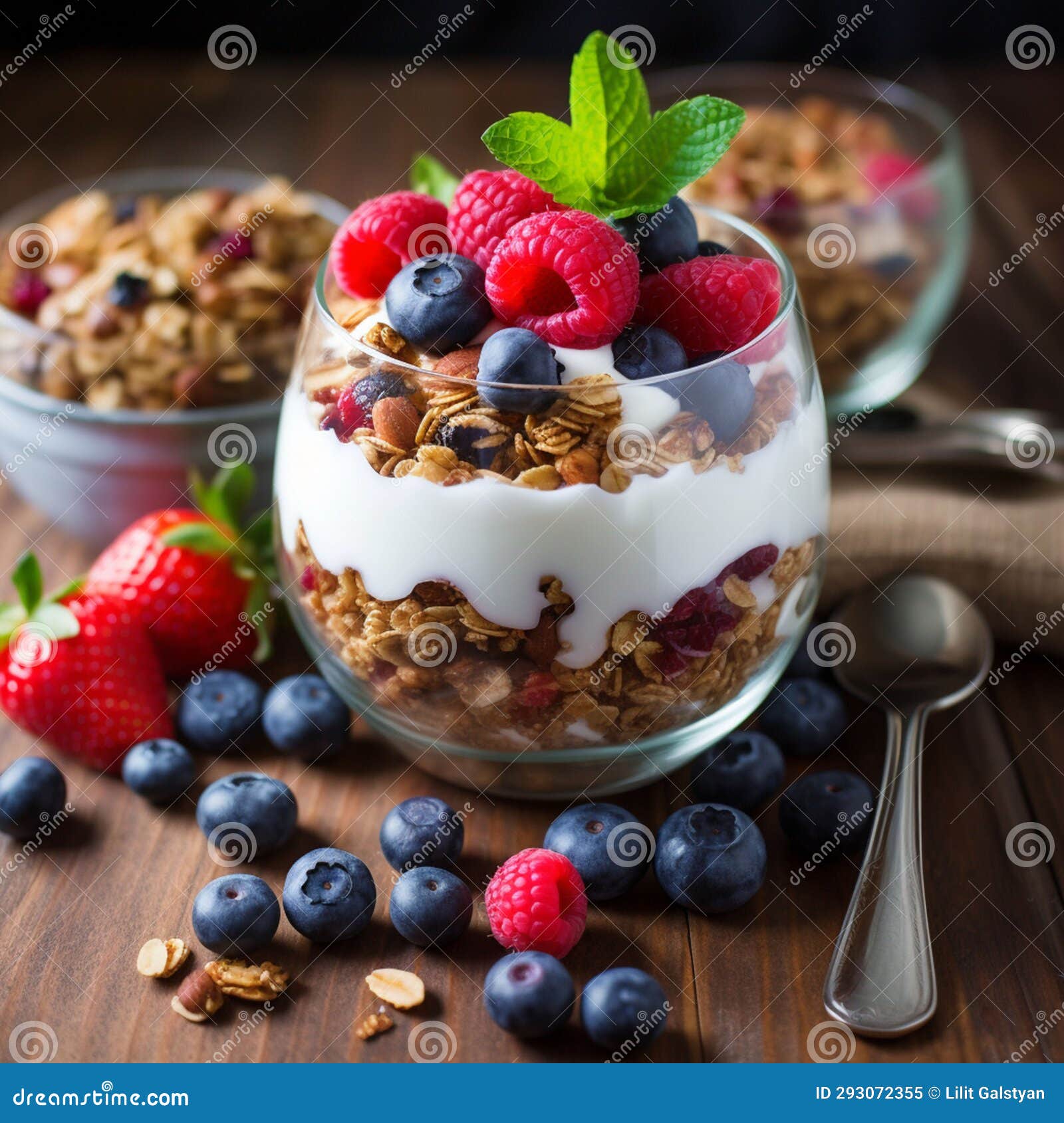 Healthy Breakfast Featuring Granola, Berries, and Yogurt Stock Image